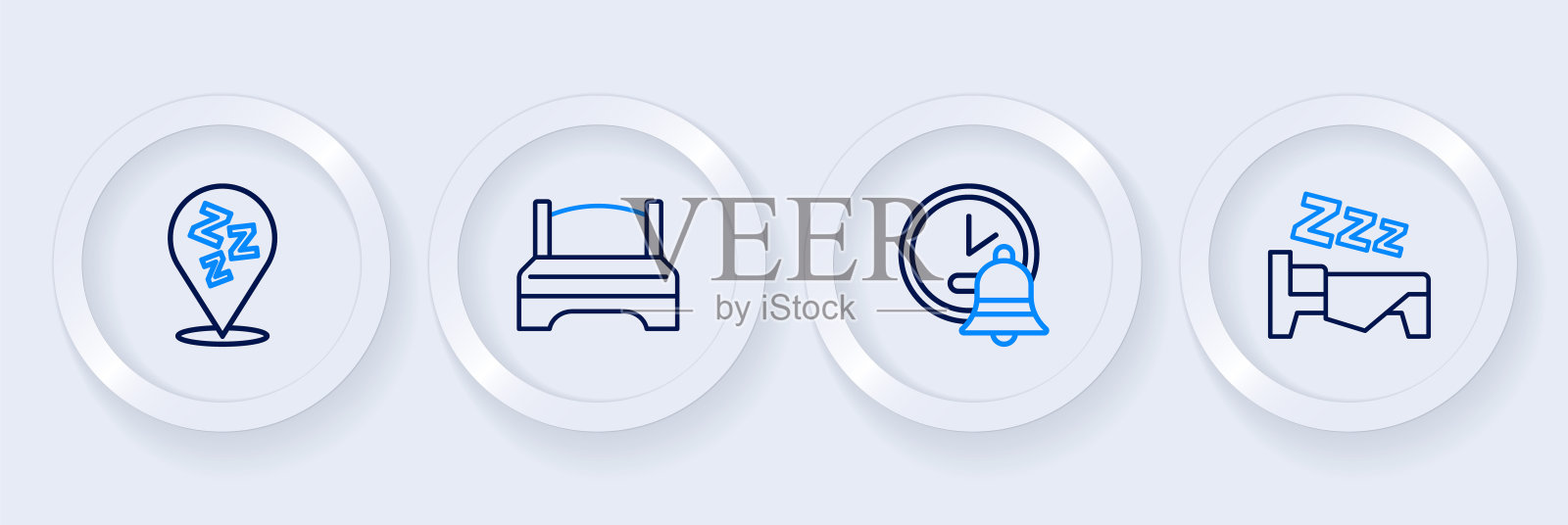 设置线时间睡觉，闹钟，大床和瞌睡图标。向量插画图片素材