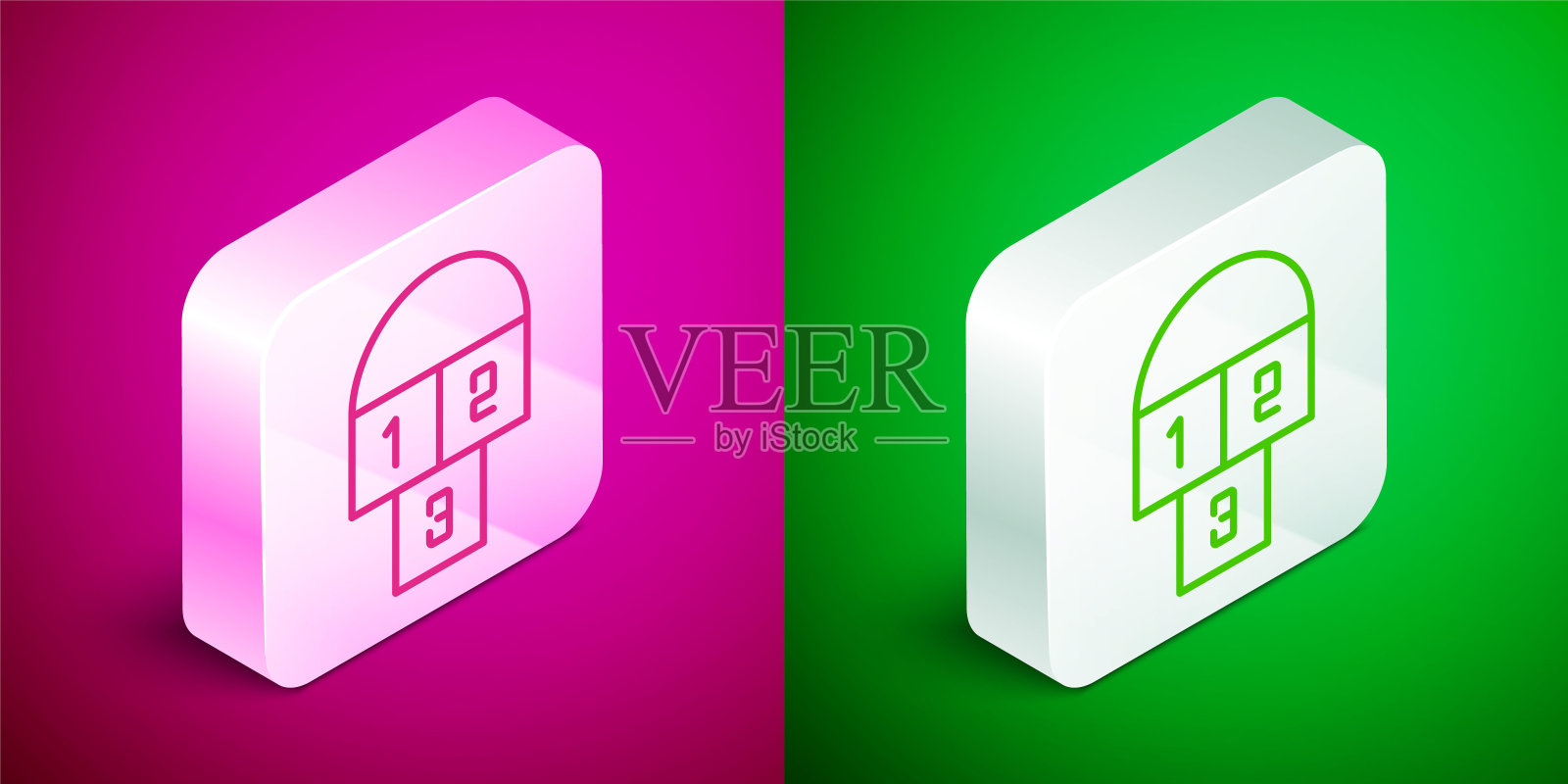 等距线跳房子图标隔离在粉红色和绿色背景。儿童沥青涂料绘图。银色方形按钮。向量插画图片素材