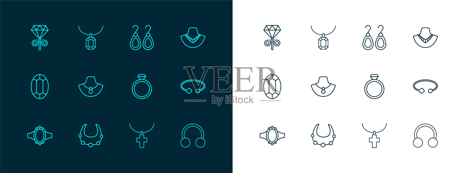 套线项链人体模型，钻石订婚戒指，基督教十字架链，耳环，耳钉耳环和吊坠项链图标。向量插画图片素材