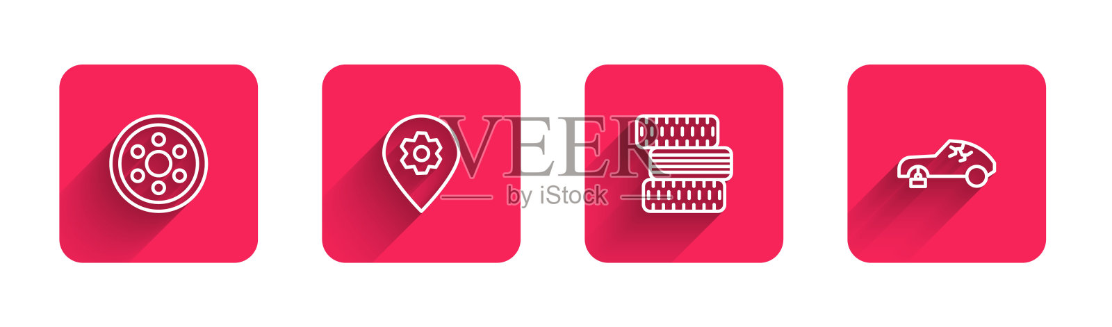 集生产铝合金轮毂，汽车定位服务，汽车轮胎，长影破碎。红色方块按钮。向量插画图片素材