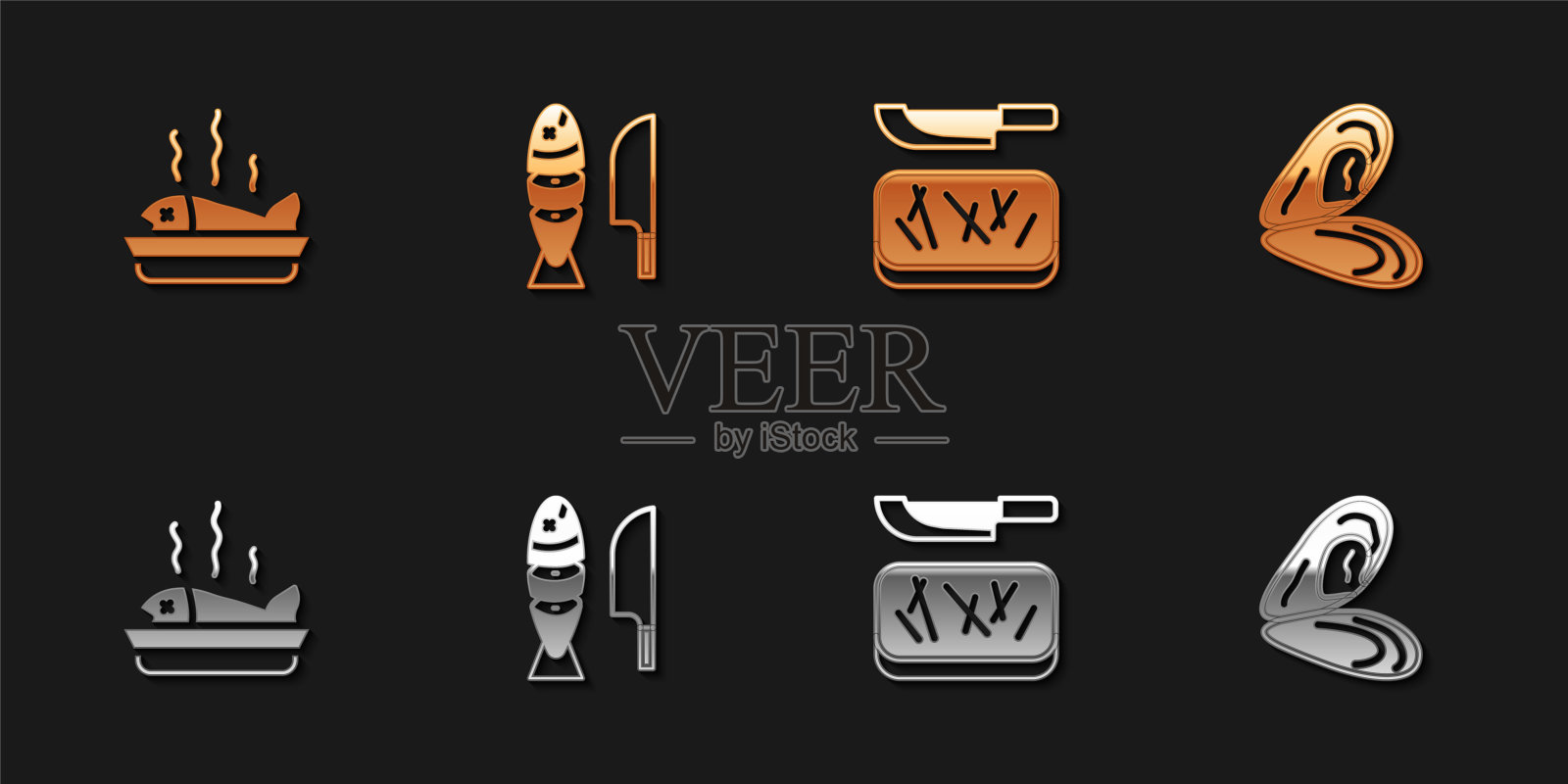 一套鱼在盘子上，鱼切片，砧板和刀和贻贝图标。向量插画图片素材