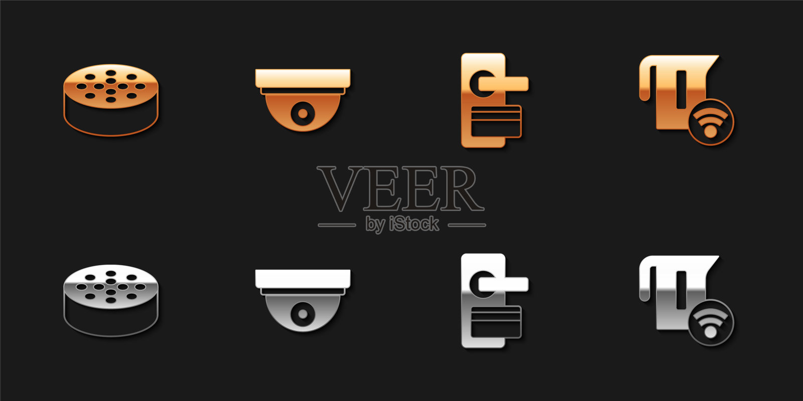 设置水传感器，运动，数字门锁和智能电水壶图标。向量插画图片素材