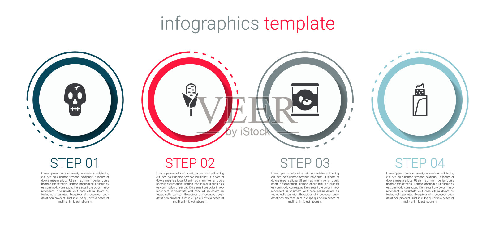 将头骨，玉米，豆子放入罐头和墨西哥卷饼中。业务信息图表模板。向量插画图片素材