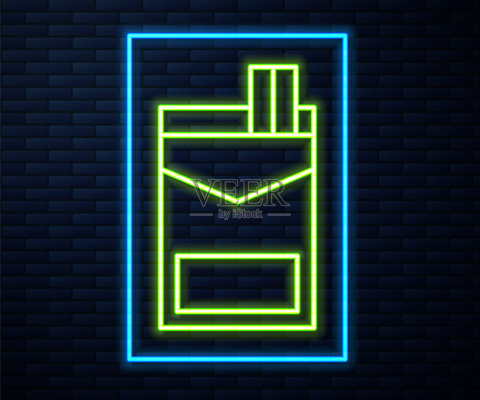 发光的霓虹灯线香烟包装盒图标孤立的砖墙背景。香烟包装。向量插画图片素材