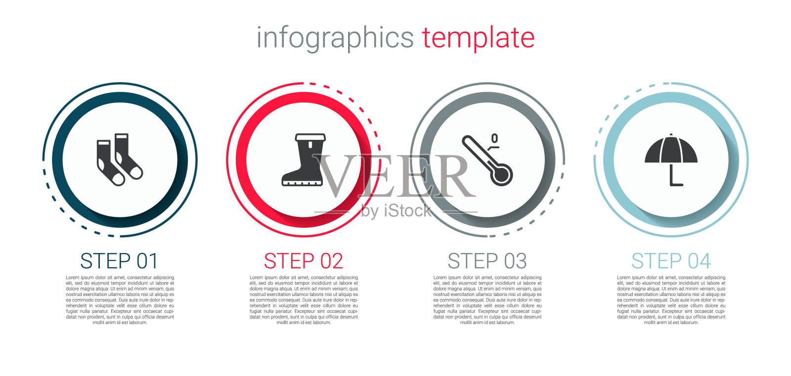 套装袜子，防水胶靴，气象温度计和雨伞。业务信息图表模板。向量插画图片素材