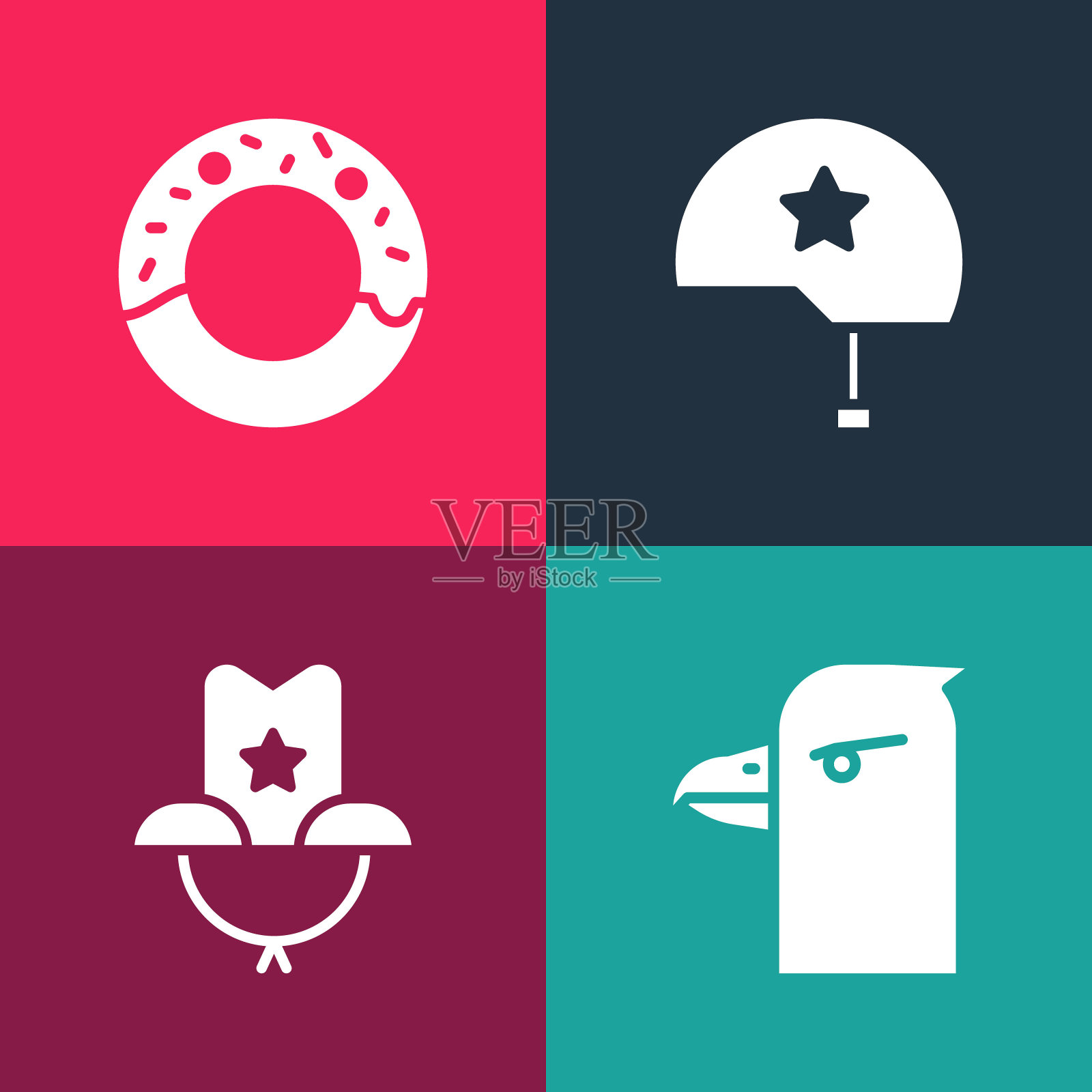 集波普艺术鹰头，西部牛仔帽，军用头盔和甜甜圈图标。向量插画图片素材