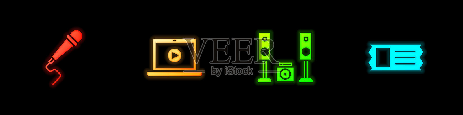 设置麦克风，在线播放视频，家庭立体声与两个扬声器和电影票图标。向量插画图片素材