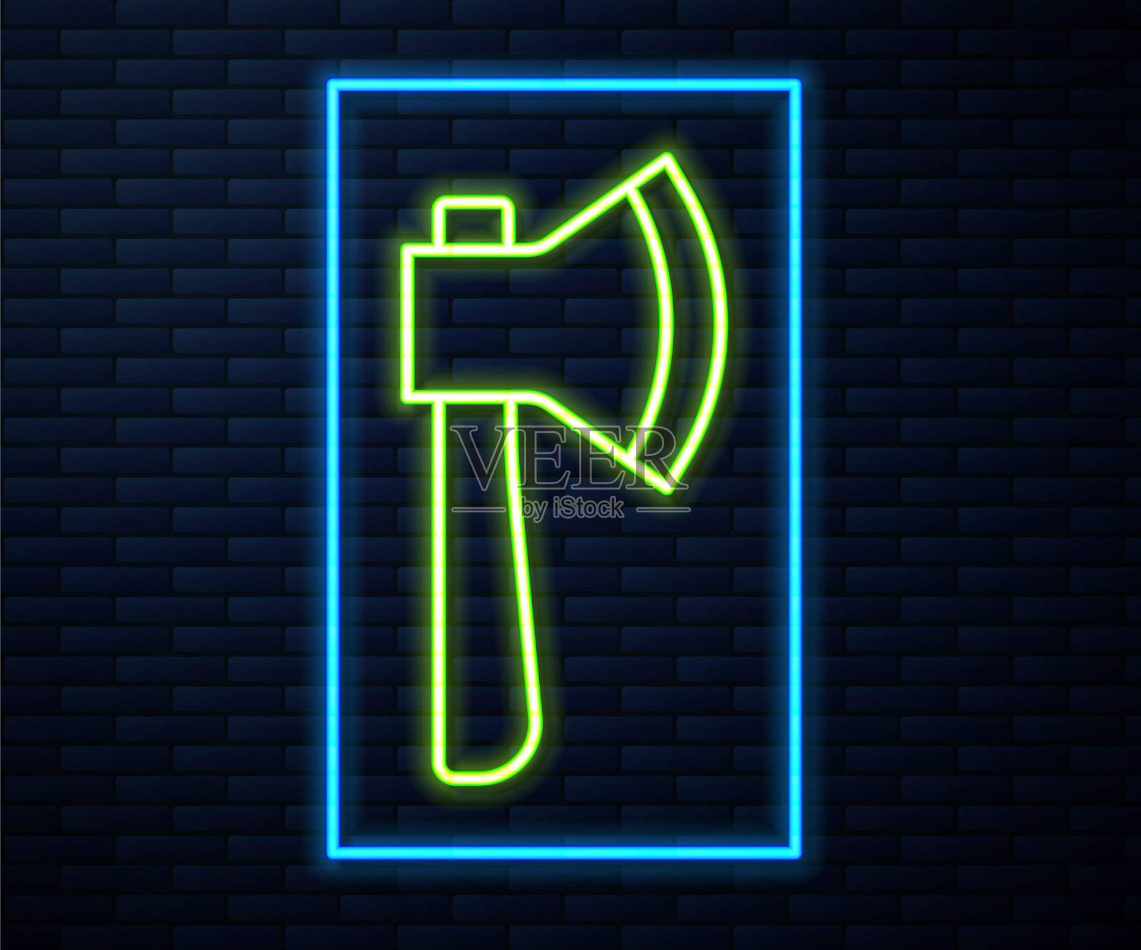 发光的霓虹灯线木斧图标孤立的砖墙背景。伐木工人斧头。向量插画图片素材