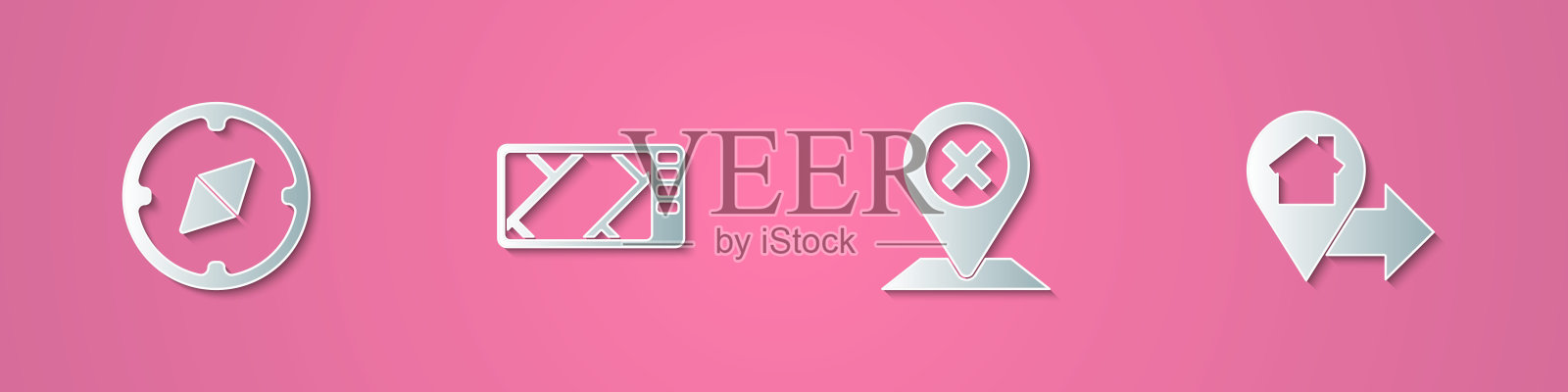 集剪纸指南针，Gps设备与地图，位置和房子图标。纸艺风格。向量插画图片素材