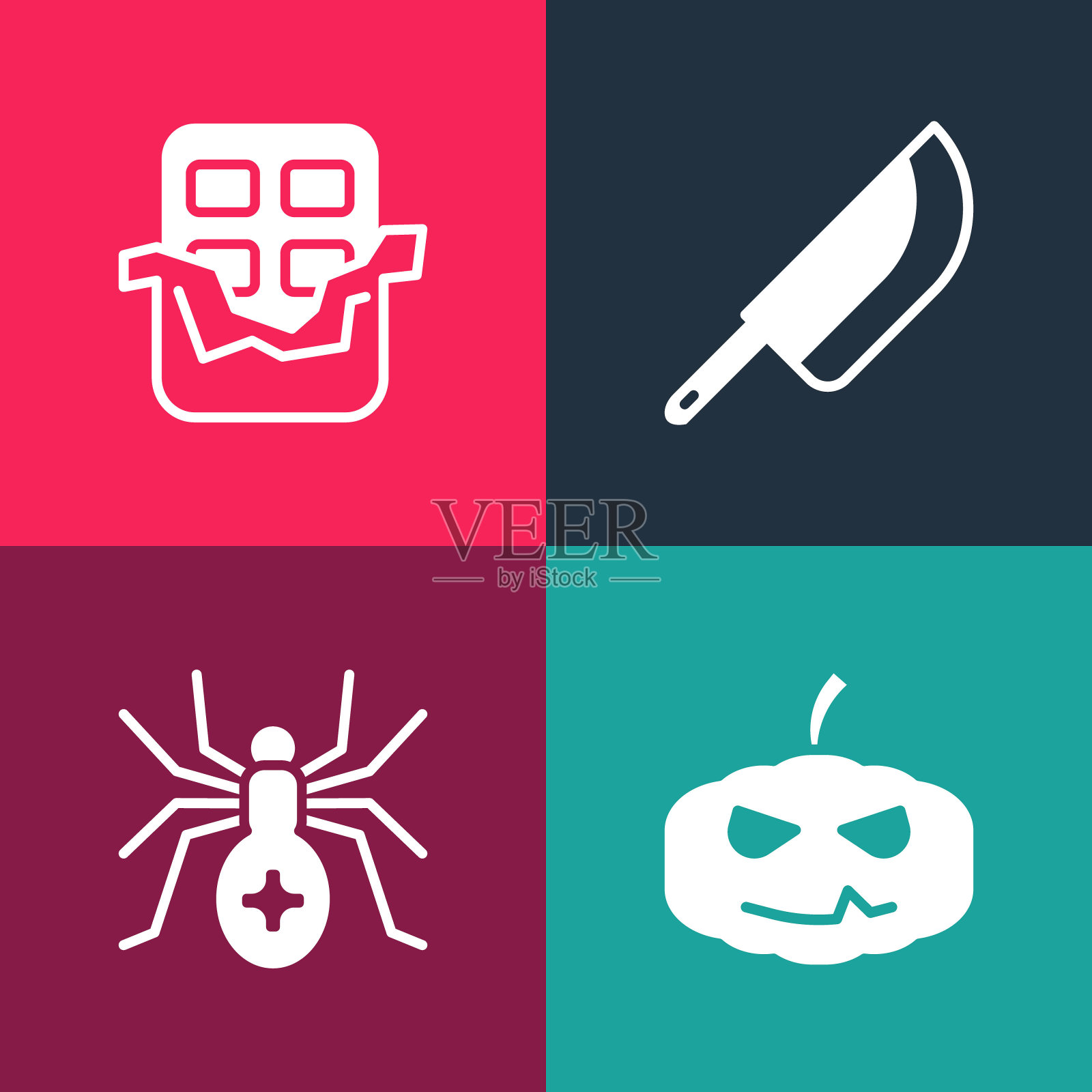 集流行艺术南瓜，蜘蛛，刀和巧克力棒图标。向量插画图片素材