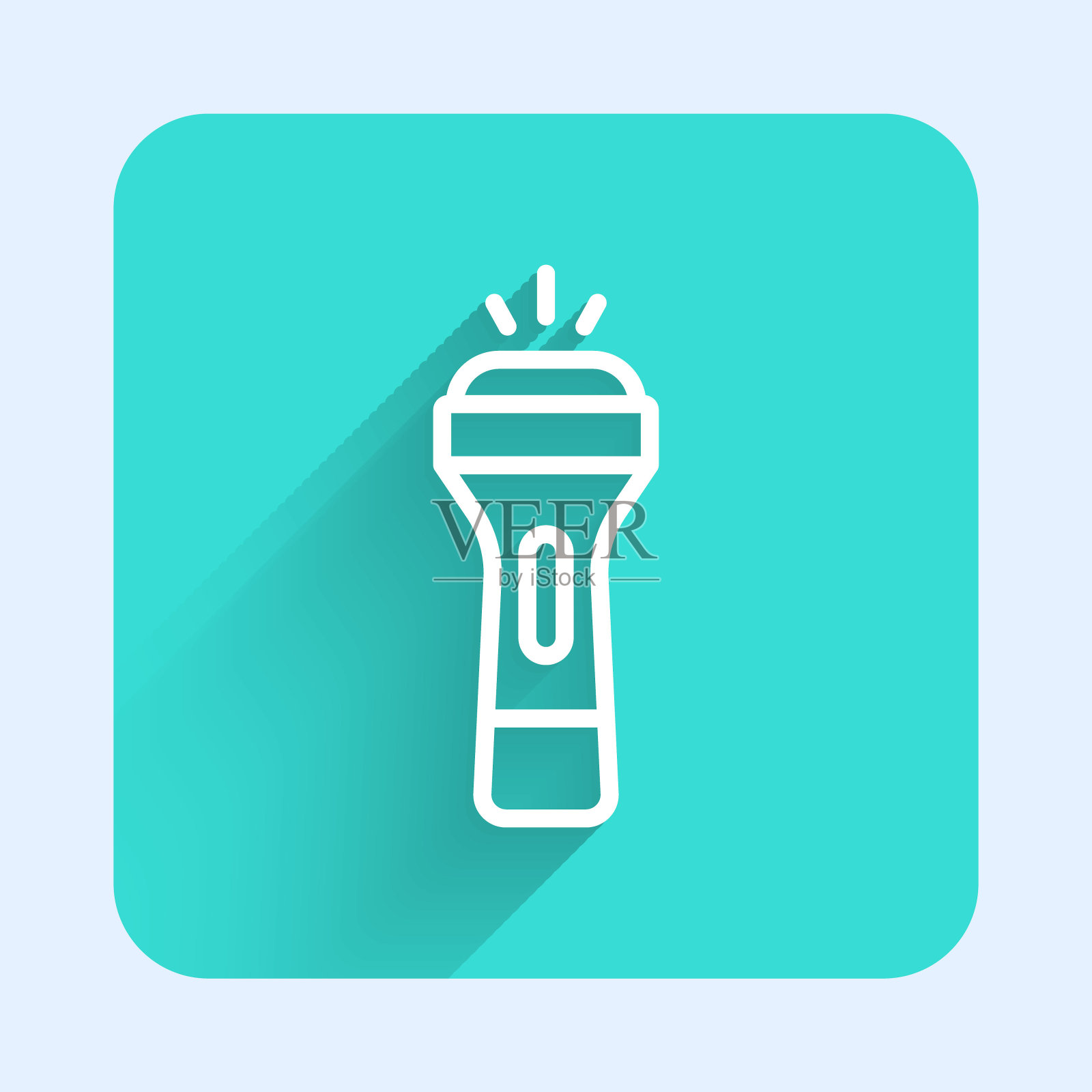 白线手电筒图标孤立与长阴影背景。绿色方形按钮。向量插画图片素材