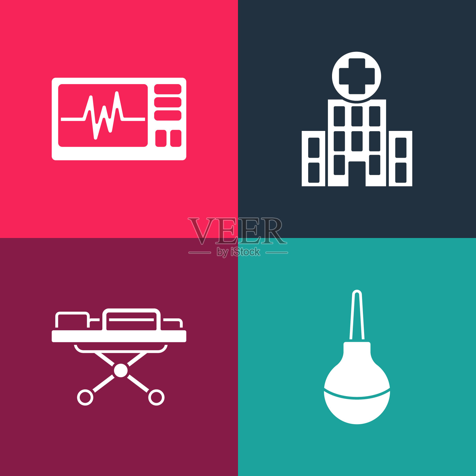 集波普艺术灌肠，担架，医疗医院大楼和监视器与心电图图标。向量插画图片素材