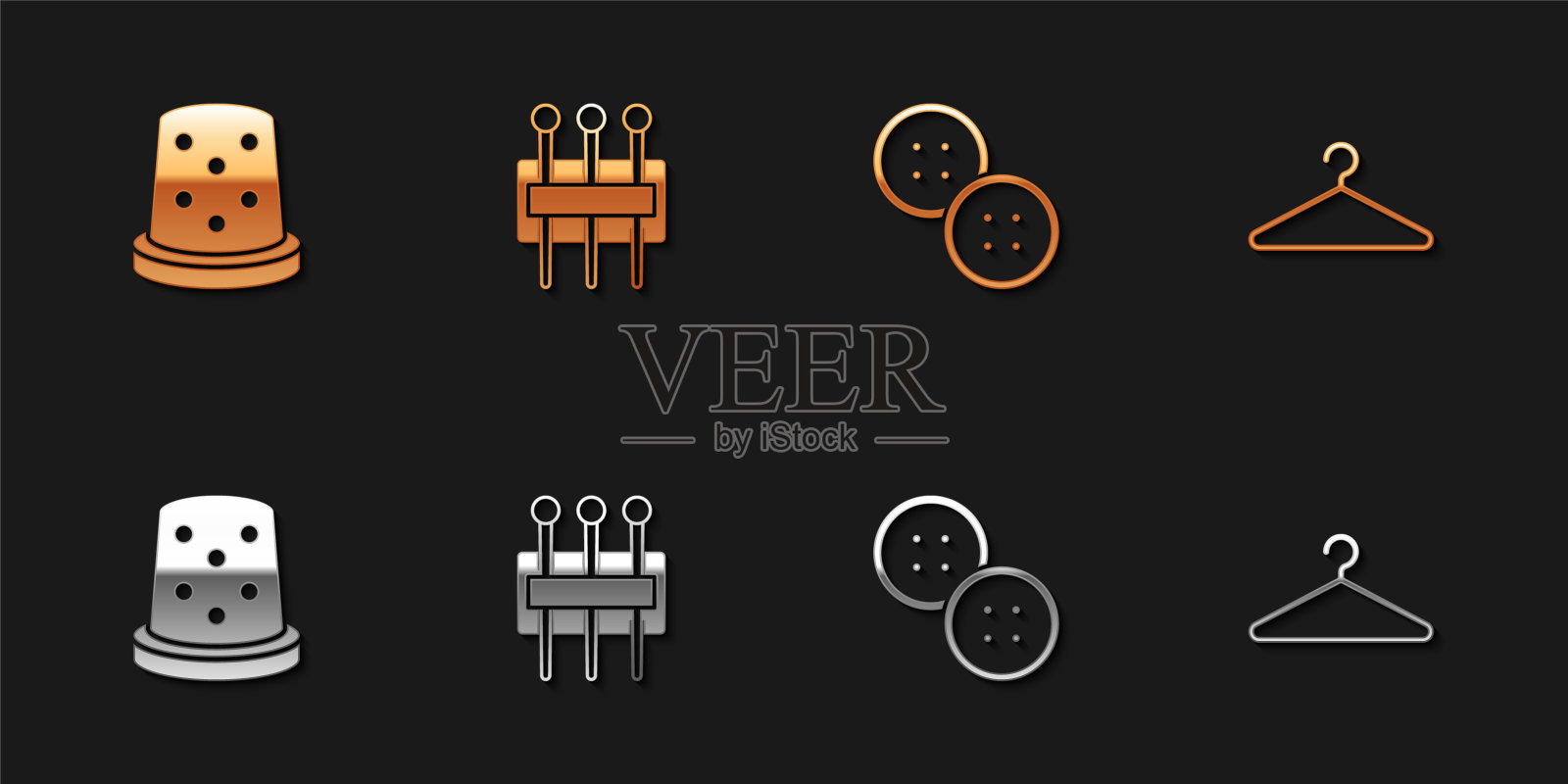 设置顶针缝纫，针，缝纫按钮和衣架衣柜图标。向量插画图片素材