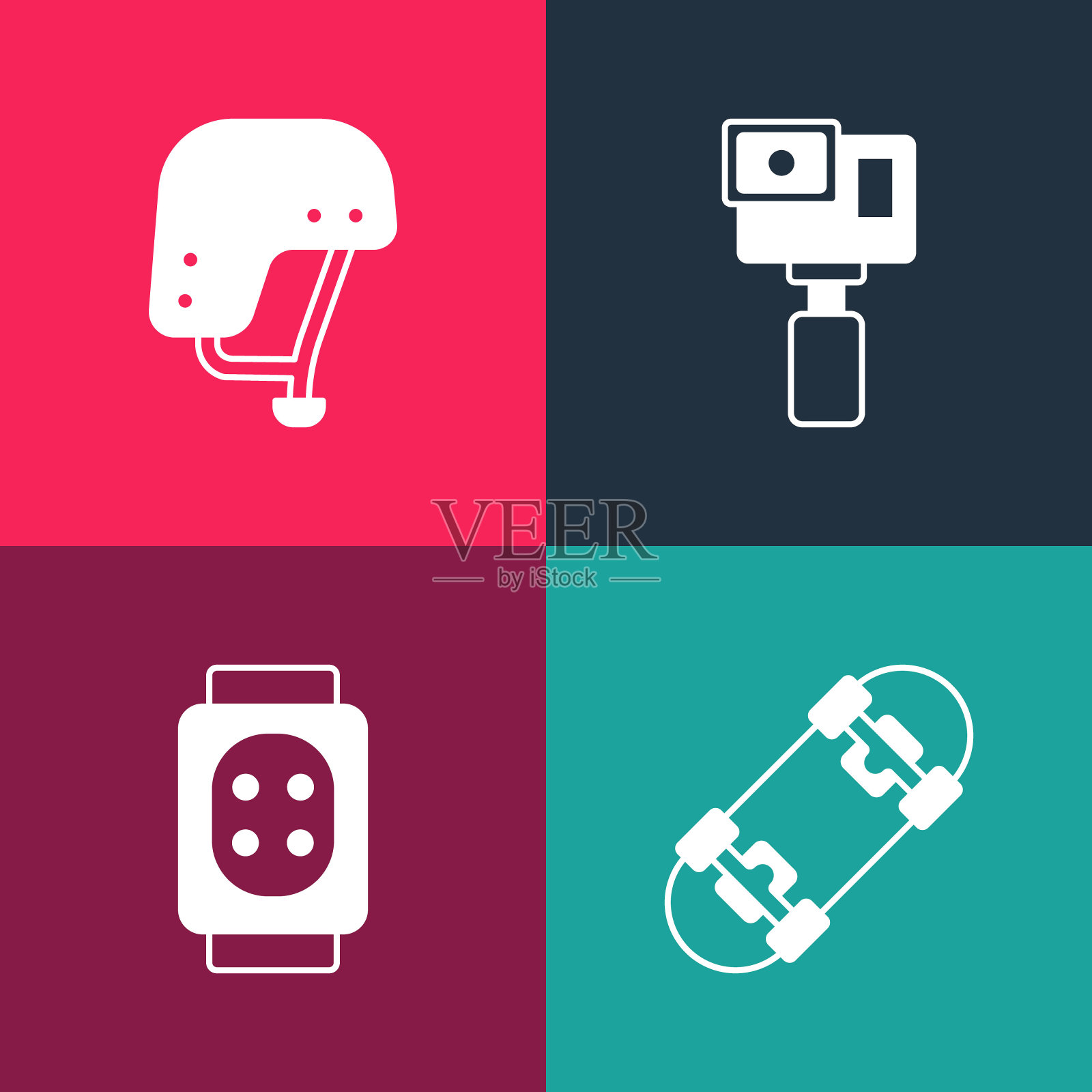 设置流行艺术滑板，护膝，运动相机和头盔图标。向量插画图片素材