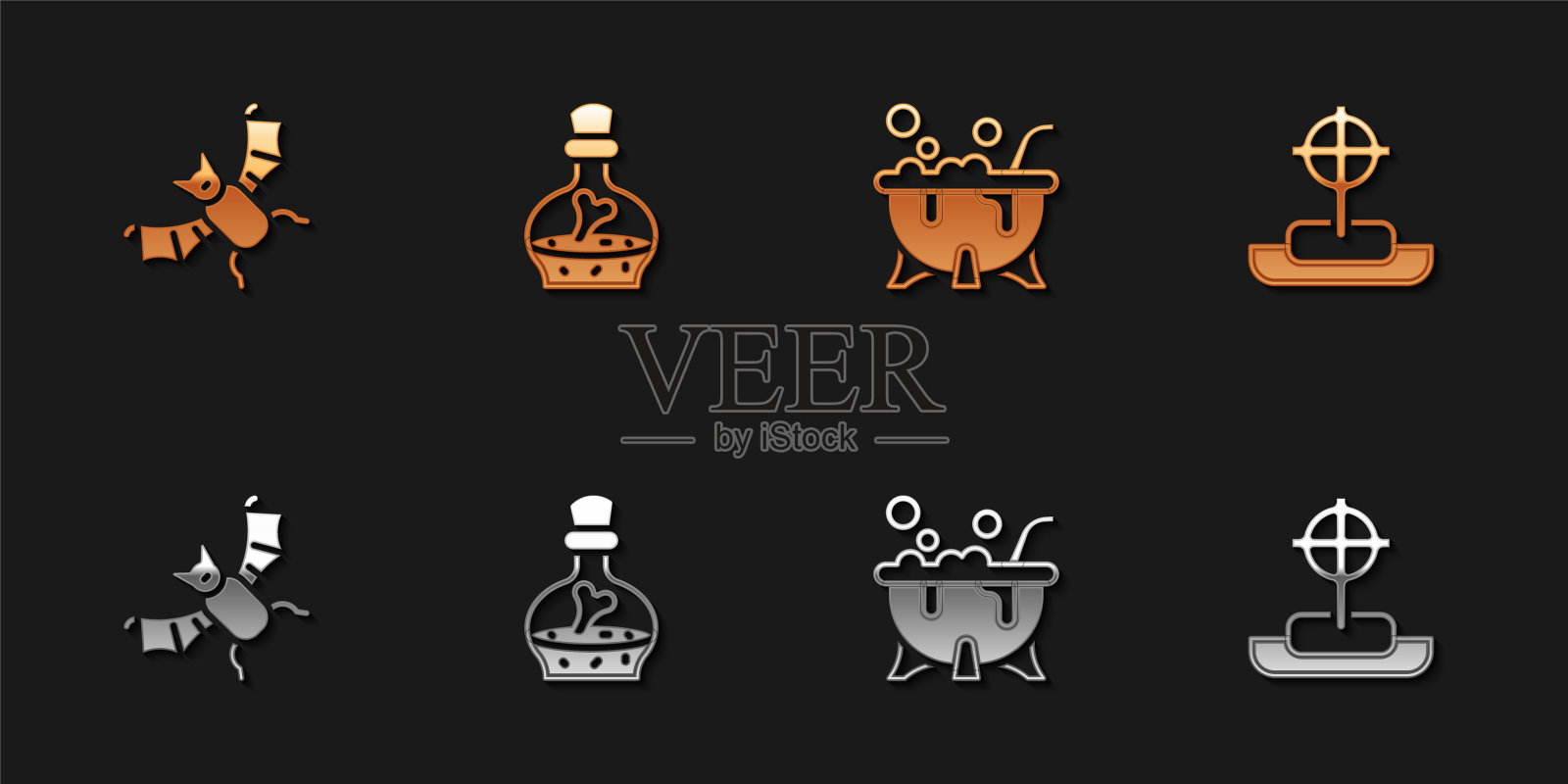 集飞行蝙蝠，瓶子与药水，万圣节女巫大锅和墓碑交叉图标。向量插画图片素材