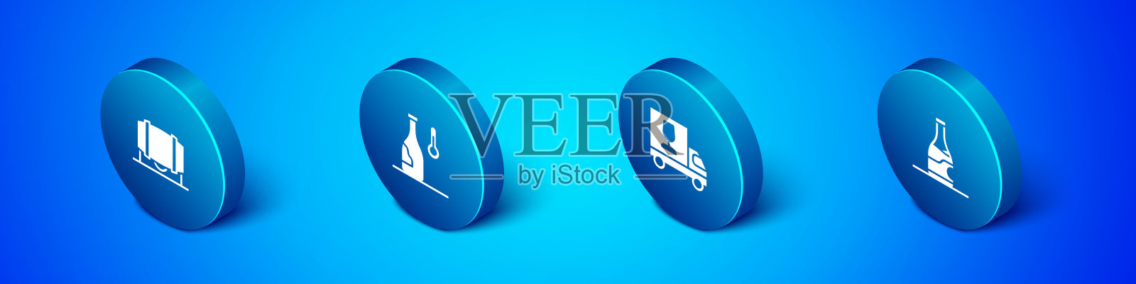 设置等距木桶葡萄酒，葡萄酒卡车，瓶子和温度图标。向量插画图片素材