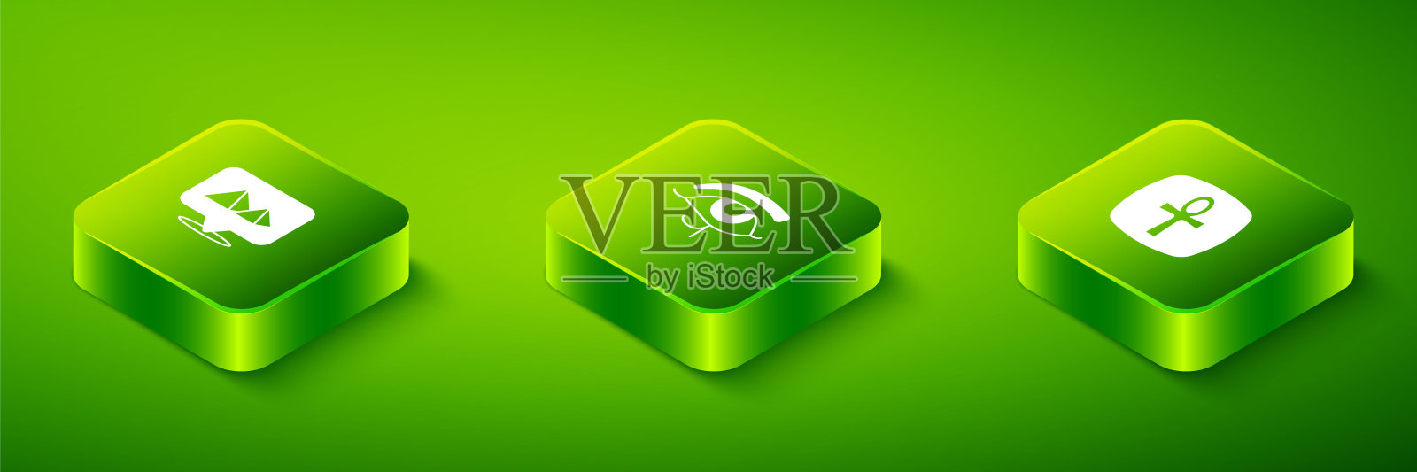 设置等距荷鲁斯之眼，十字十字和埃及金字塔图标。向量插画图片素材