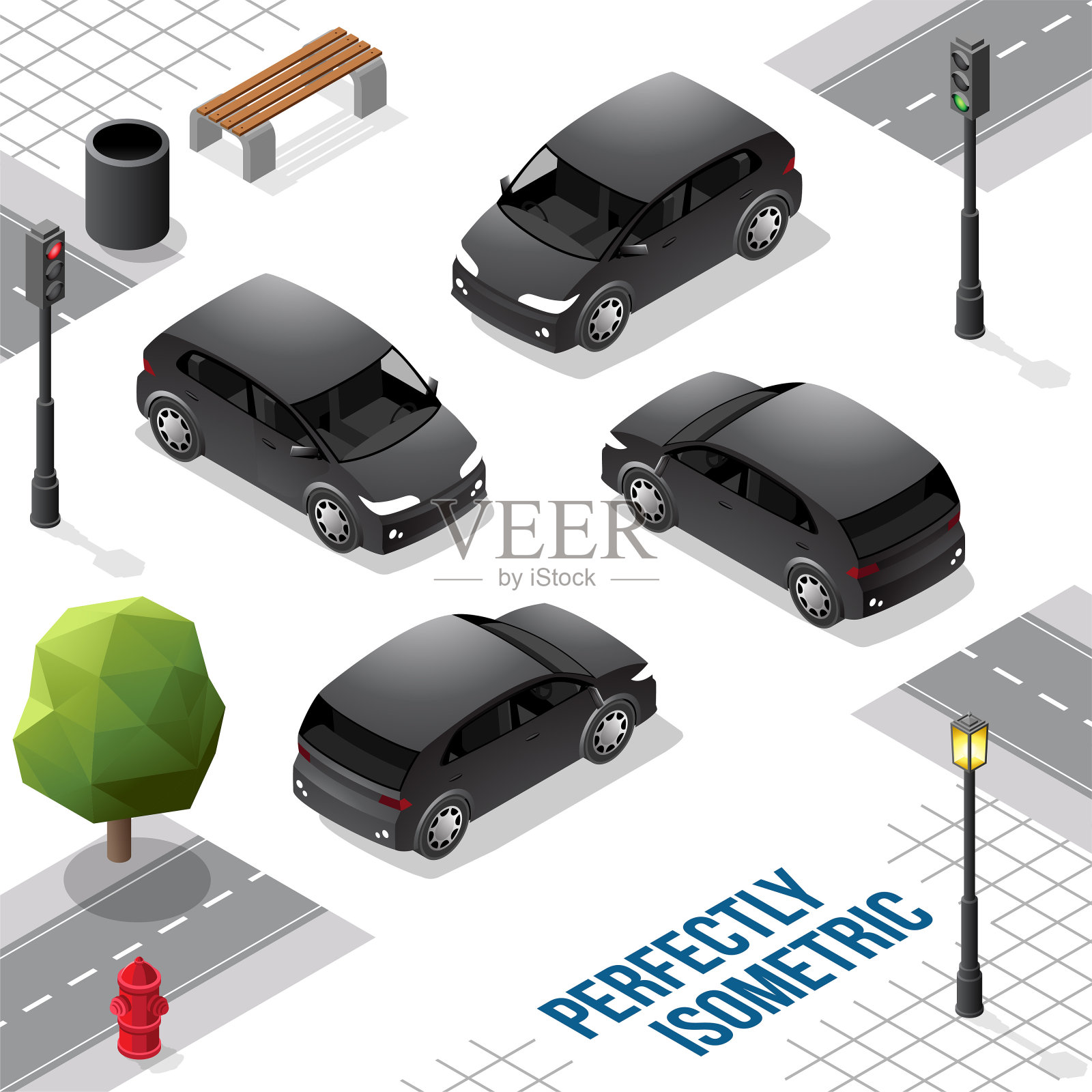 黑色小等距车从前，后，右和左插画图片素材