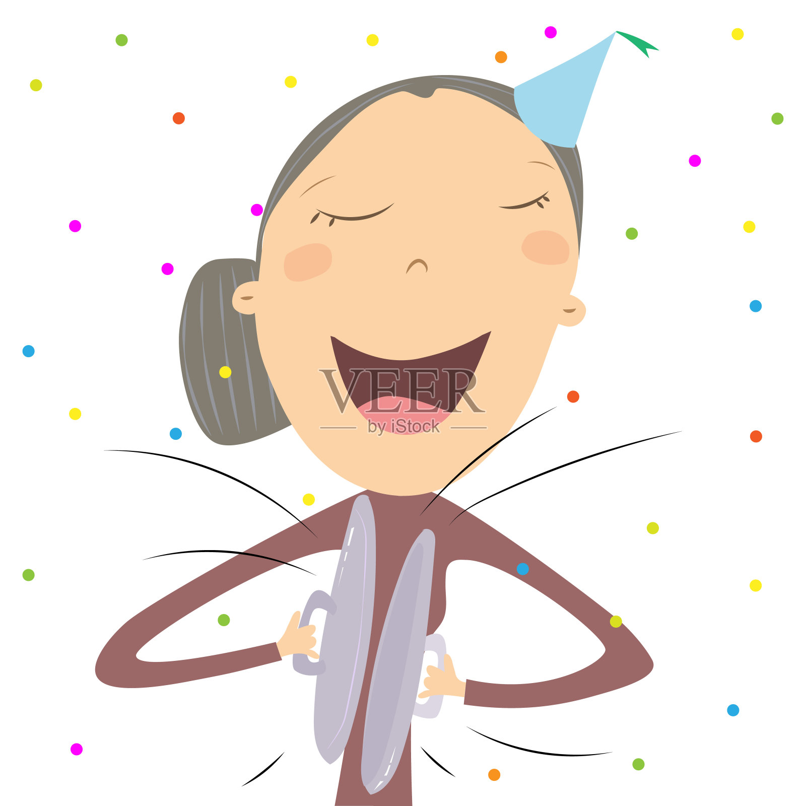 高年级女生在新年里敲着锅盖。新年传统。插画图片素材