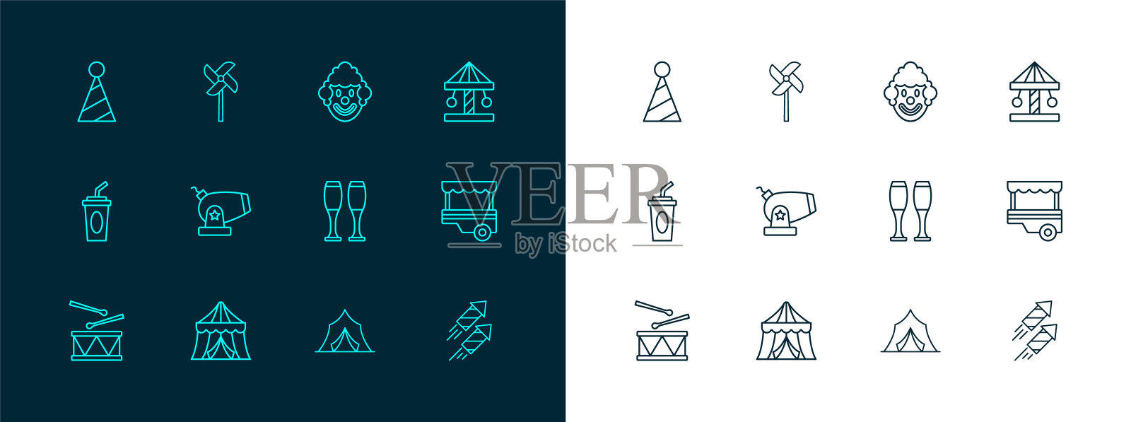 集线吸引旋转木马，马戏团帐篷，保龄球瓶，大炮，小丑头，党帽和风车玩具图标。向量插画图片素材