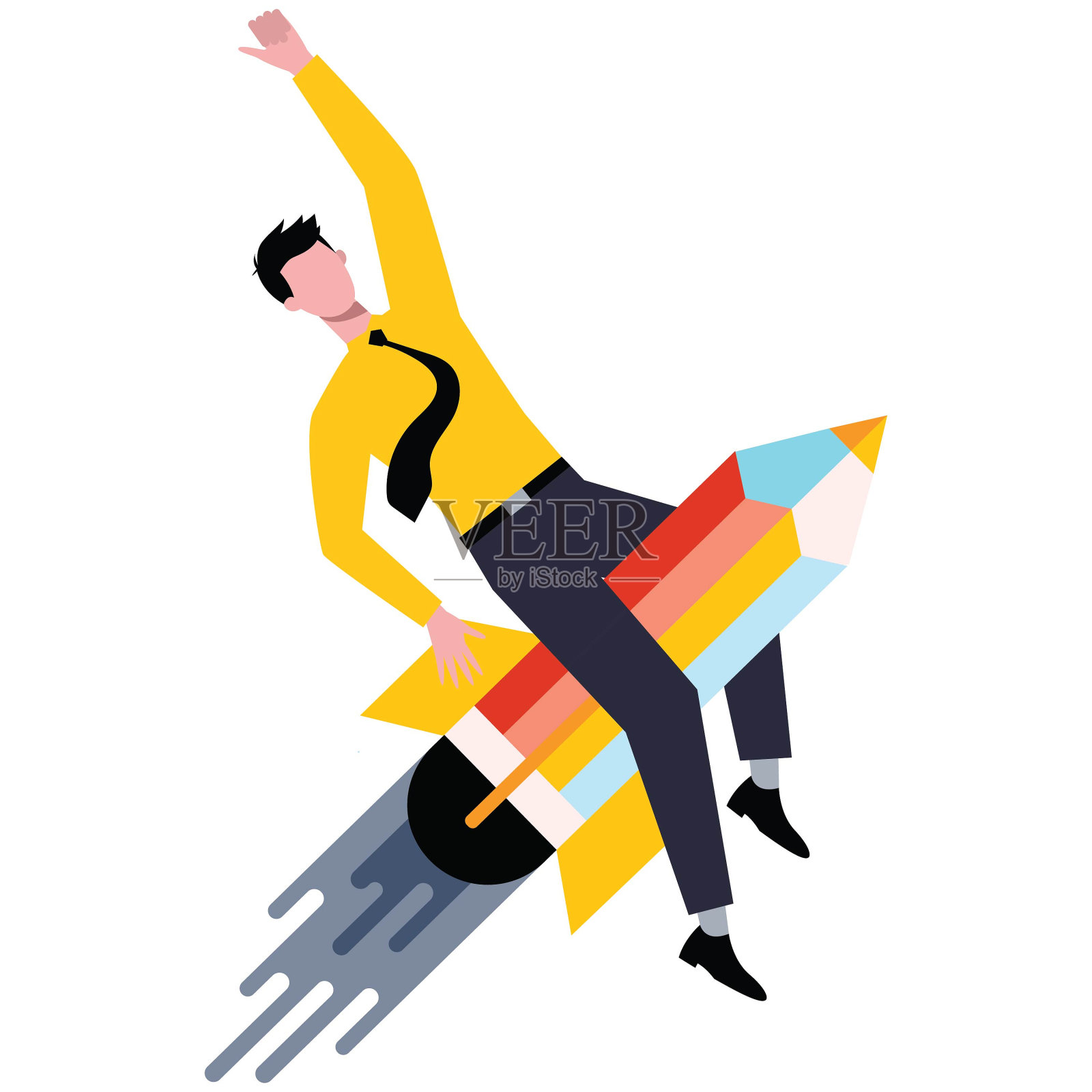 成功的商人骑着铅笔火箭飞插画图片素材