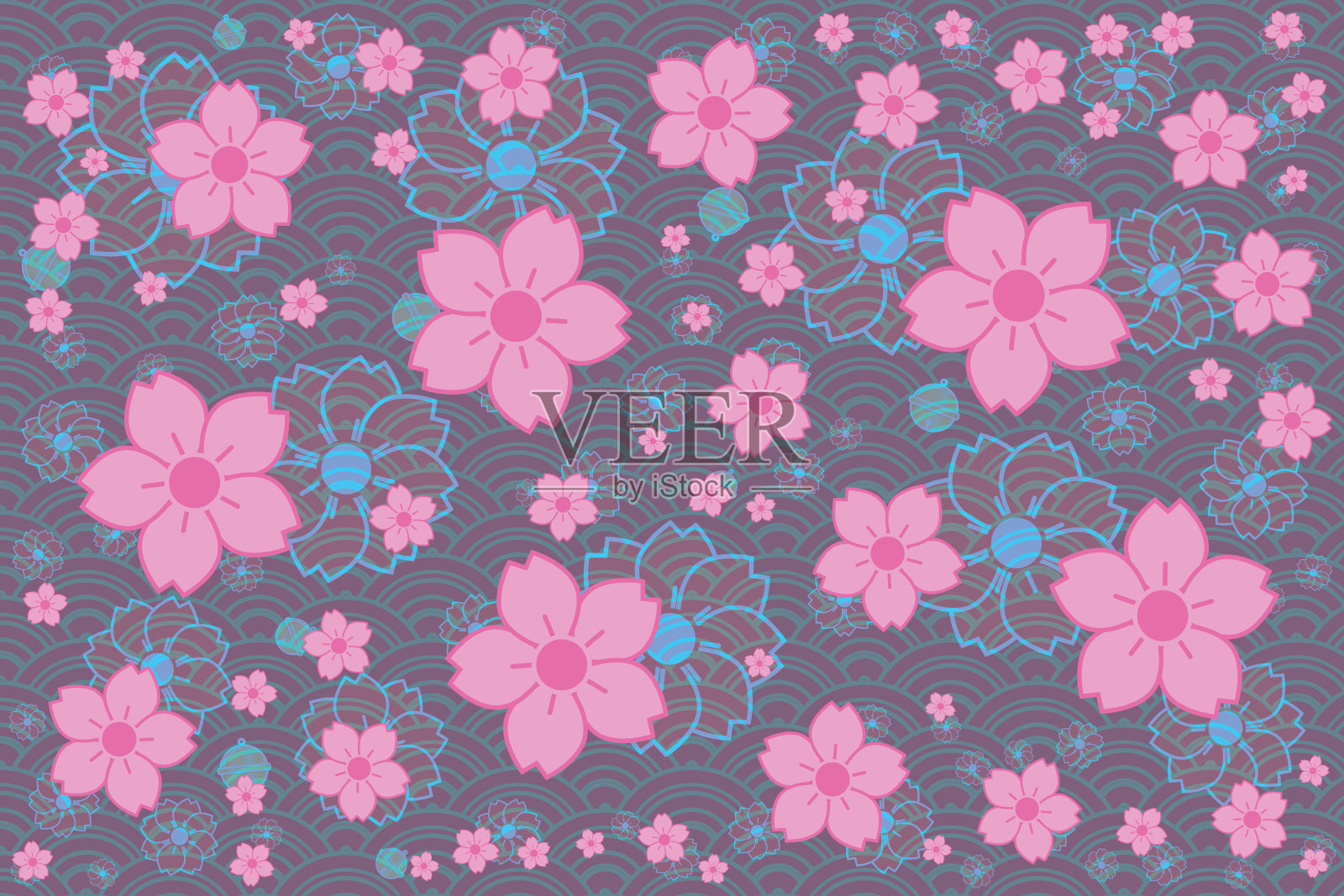 插图，日本波浪背景上的樱花小铃铛图案。插画图片素材