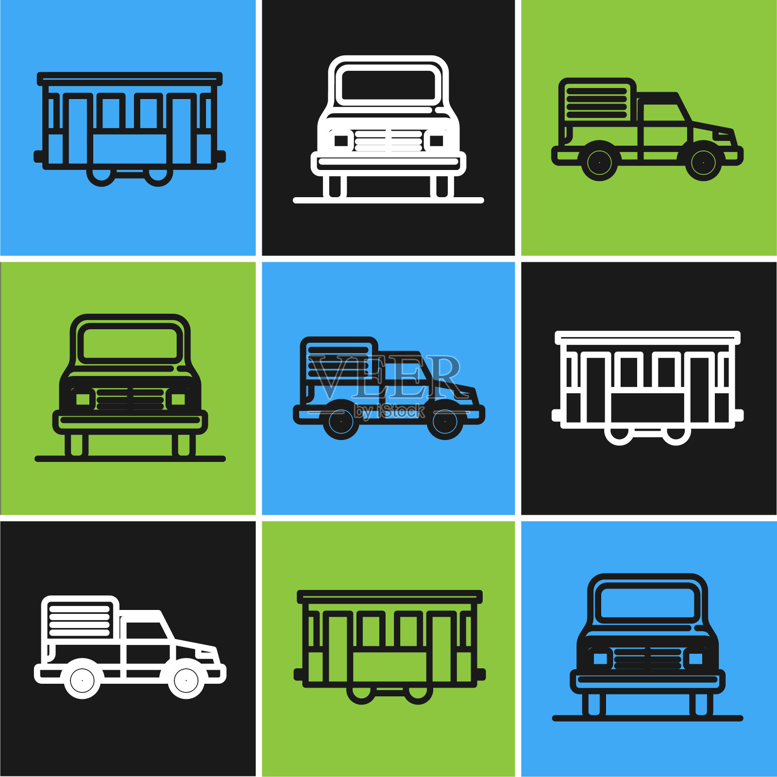 设线路老城有轨电车，货运货车和汽车图标。向量插画图片素材