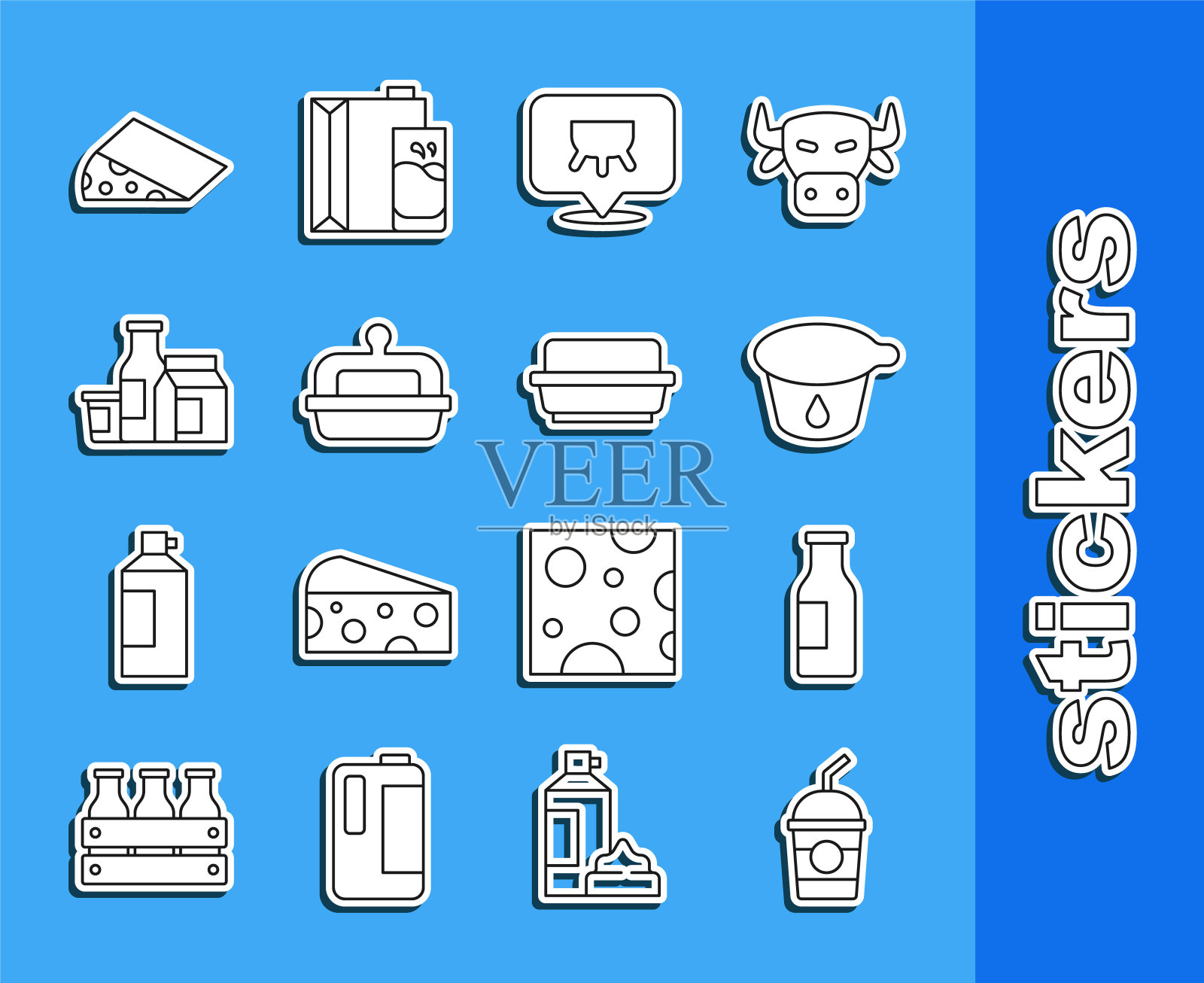 设置线奶昔，奶瓶，酸奶容器，乳房，黄油黄油盘，产品，奶酪和图标。向量插画图片素材