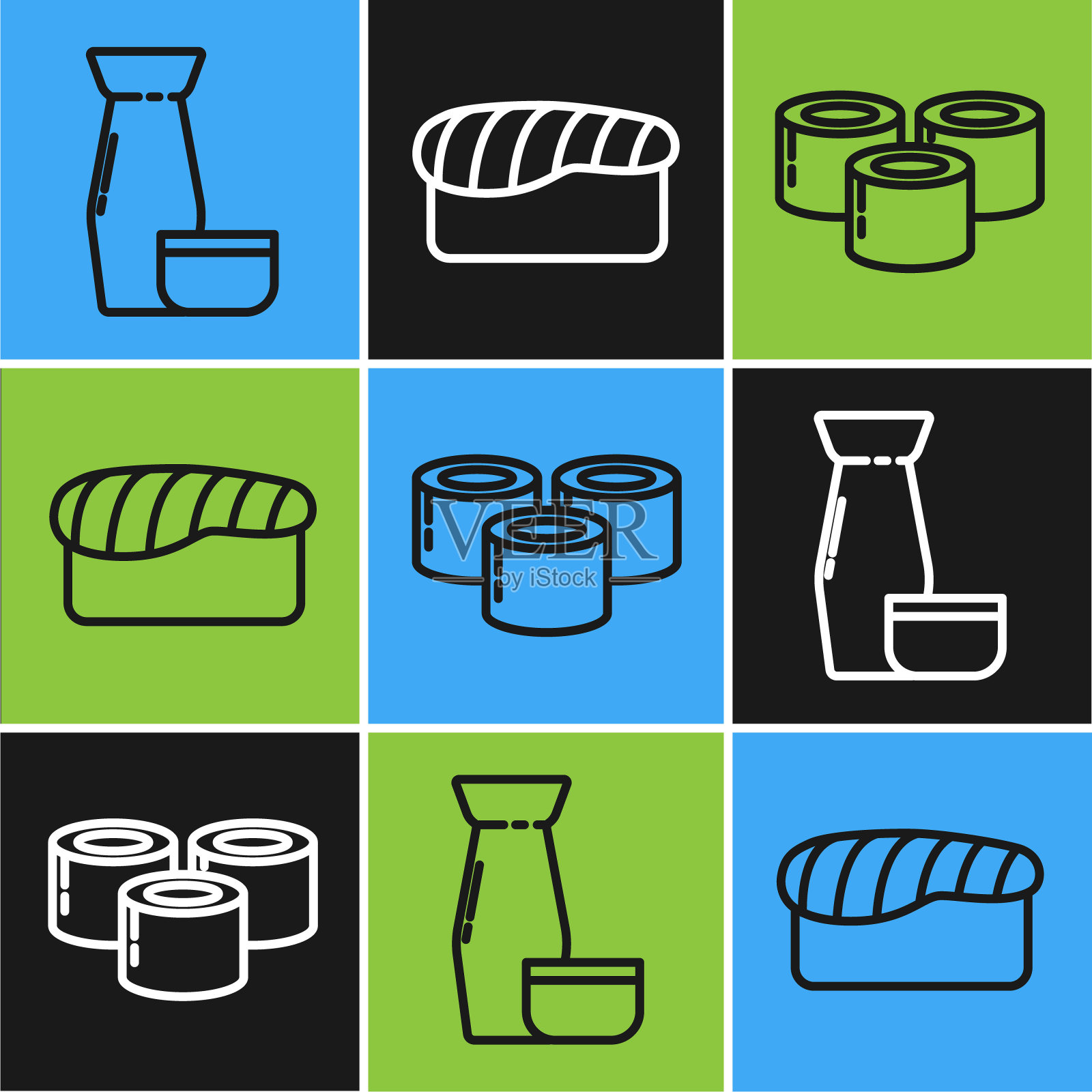 日本传统茶道，寿司和寿司图标。向量插画图片素材