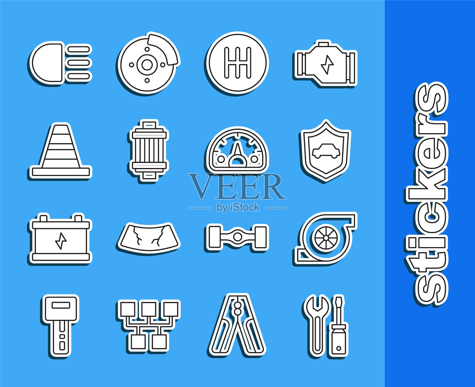 集线螺丝刀和扳手扳手，汽车涡轮增压器，汽车防护罩，变速杆，空气过滤器，交通锥，远光灯和速度计图标。向量插画图片素材