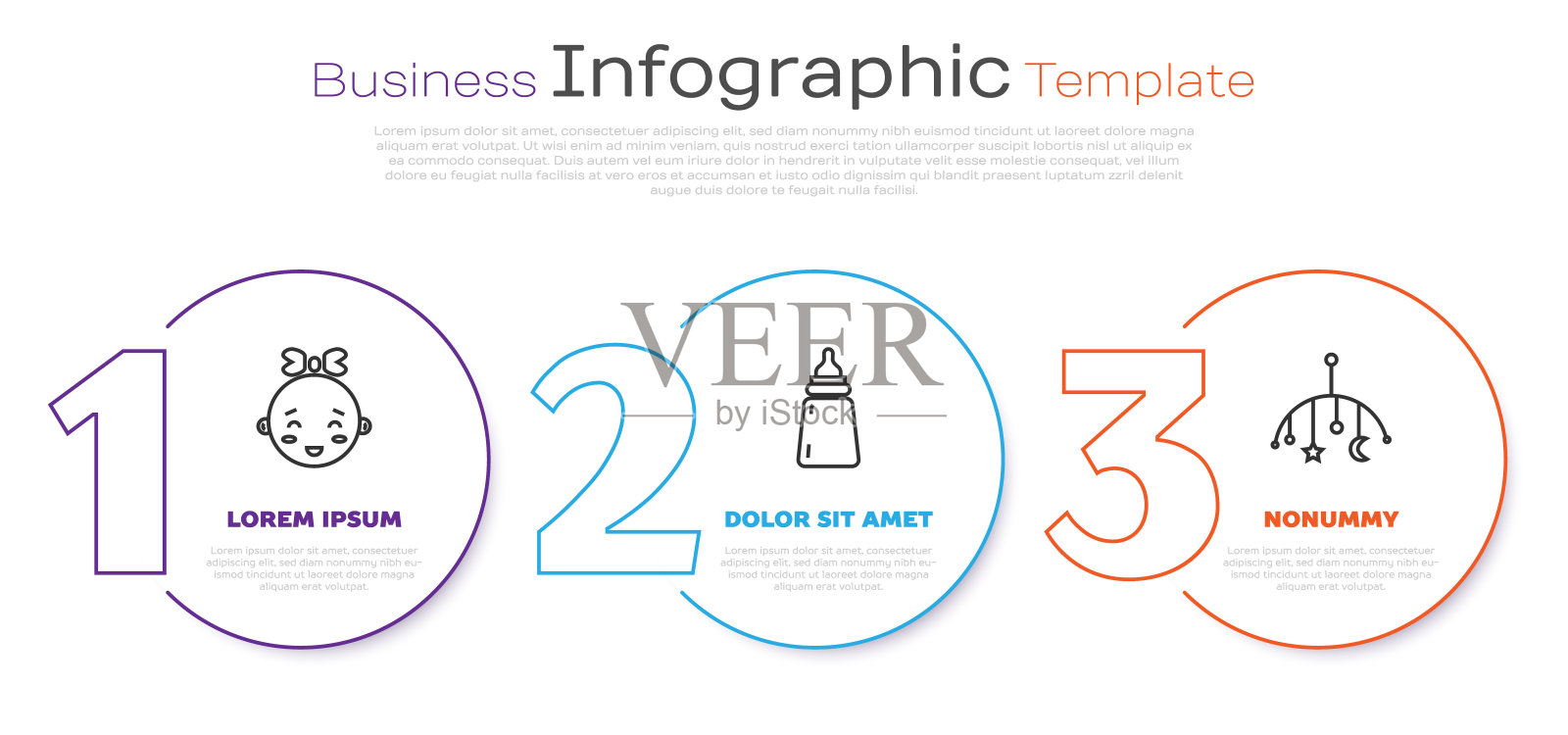系列快乐小女孩头，婴儿奶瓶和婴儿床挂玩具。业务信息图表模板。向量插画图片素材