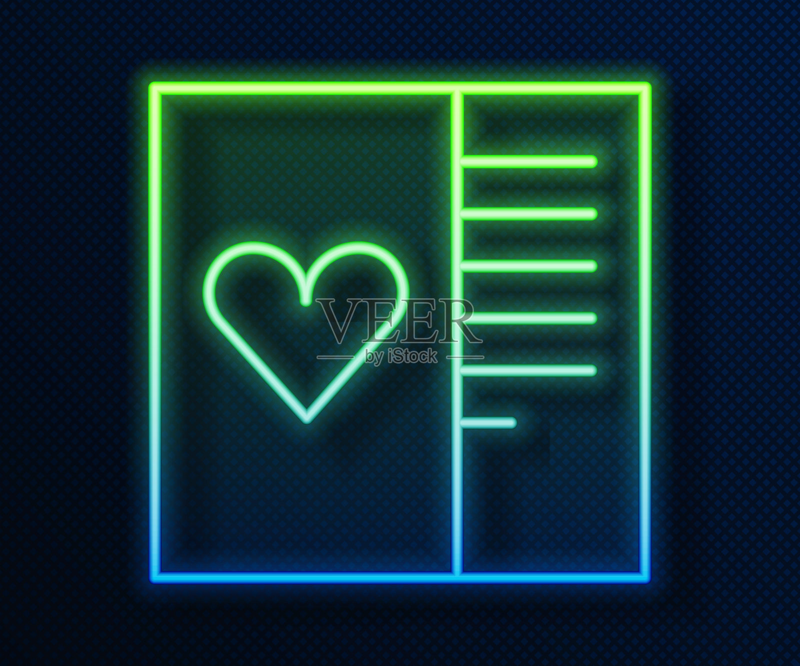 发光的霓虹灯线明信片与心脏图标隔离在蓝色背景。消息的爱。信中的爱情和浪漫。向量插画图片素材