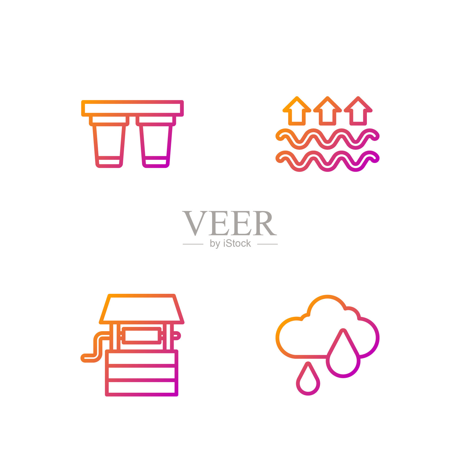 设有云带雨、井桶、滤水器、水波及蒸发。渐变颜色图标。向量插画图片素材