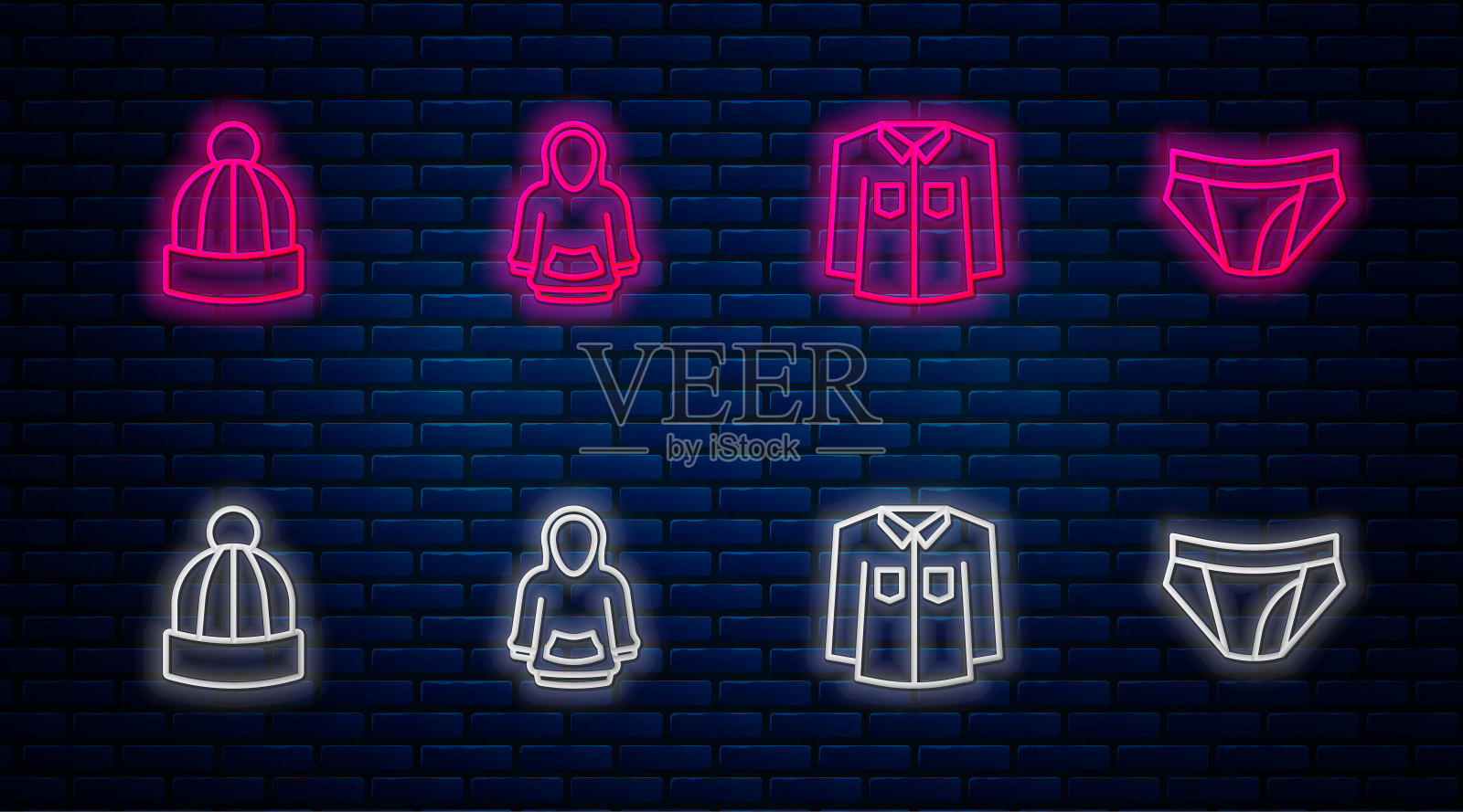 集线连帽衫，衬衫，冬季帽子和男人内裤。砖墙上发光的霓虹灯图标。向量插画图片素材