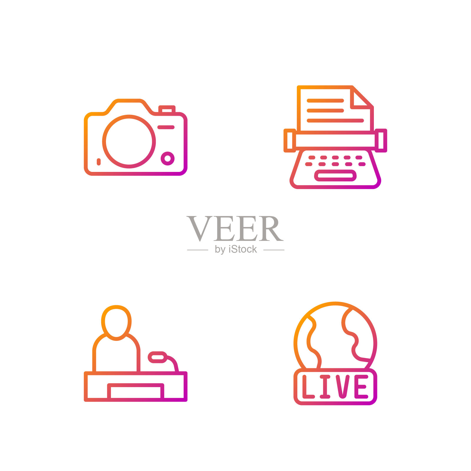 设有现场报道，电视，照相机和复古打字机。渐变颜色图标。向量插画图片素材