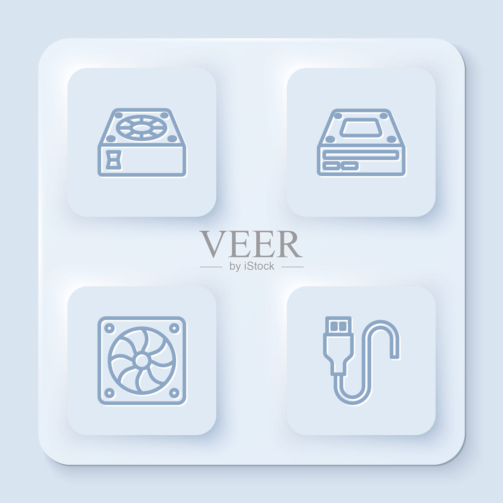 设置线电脑冷却器，光盘驱动器，和USB电缆。白色方形按钮。向量插画图片素材