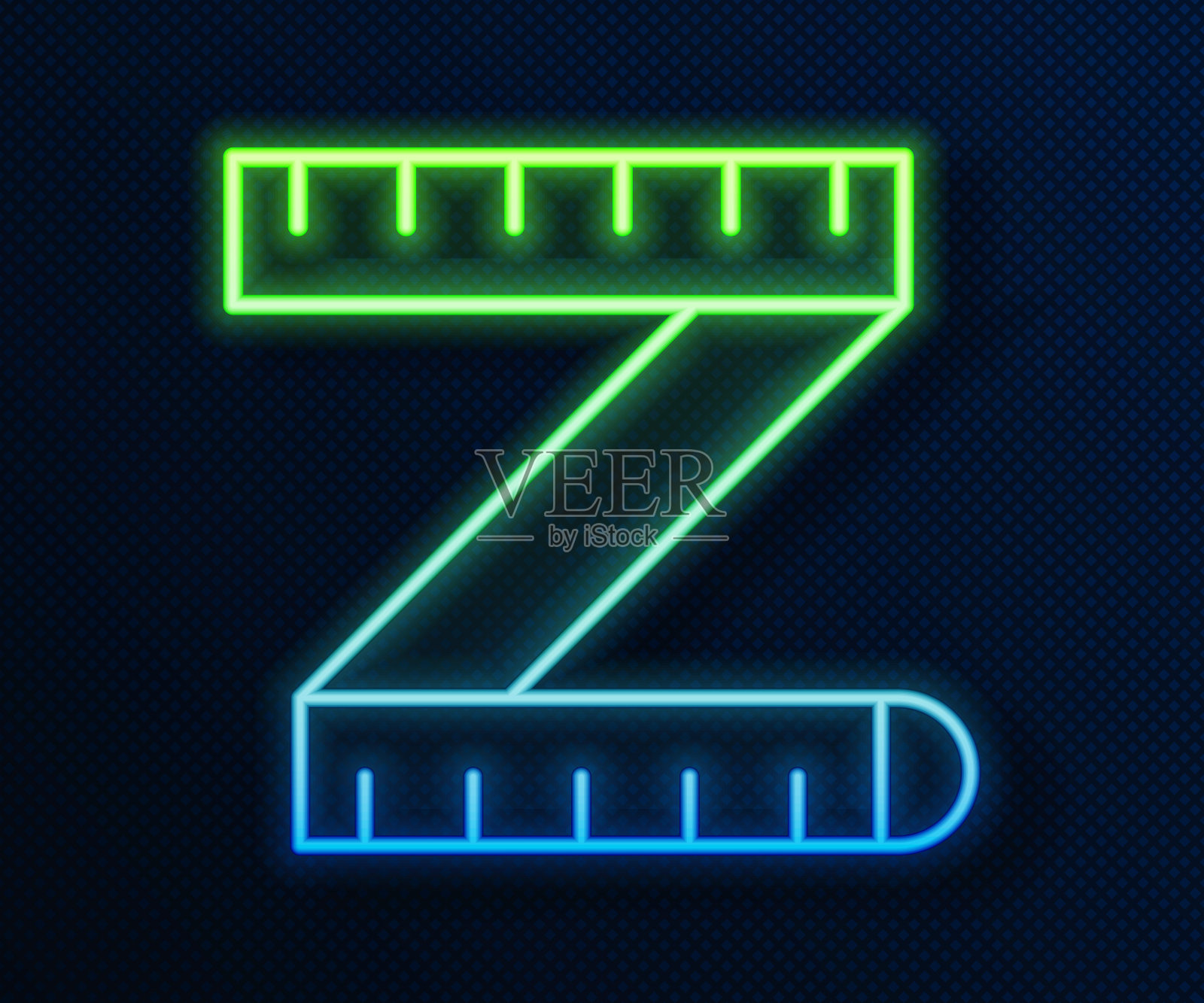 发光的霓虹线卷尺图标孤立的蓝色背景。卷尺。向量插画图片素材