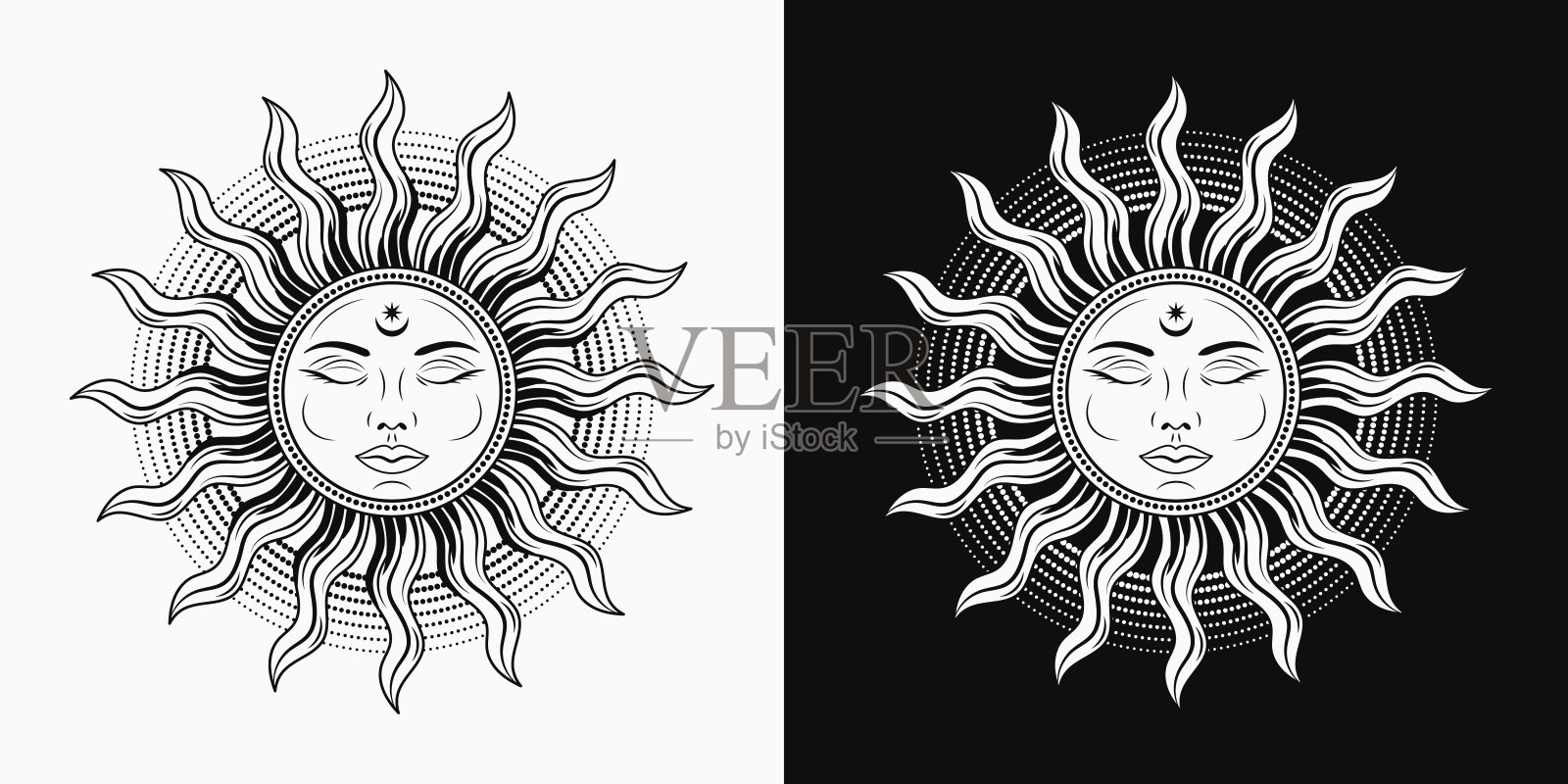 黑白相间的太阳带着脸，闭着眼睛。插画图片素材