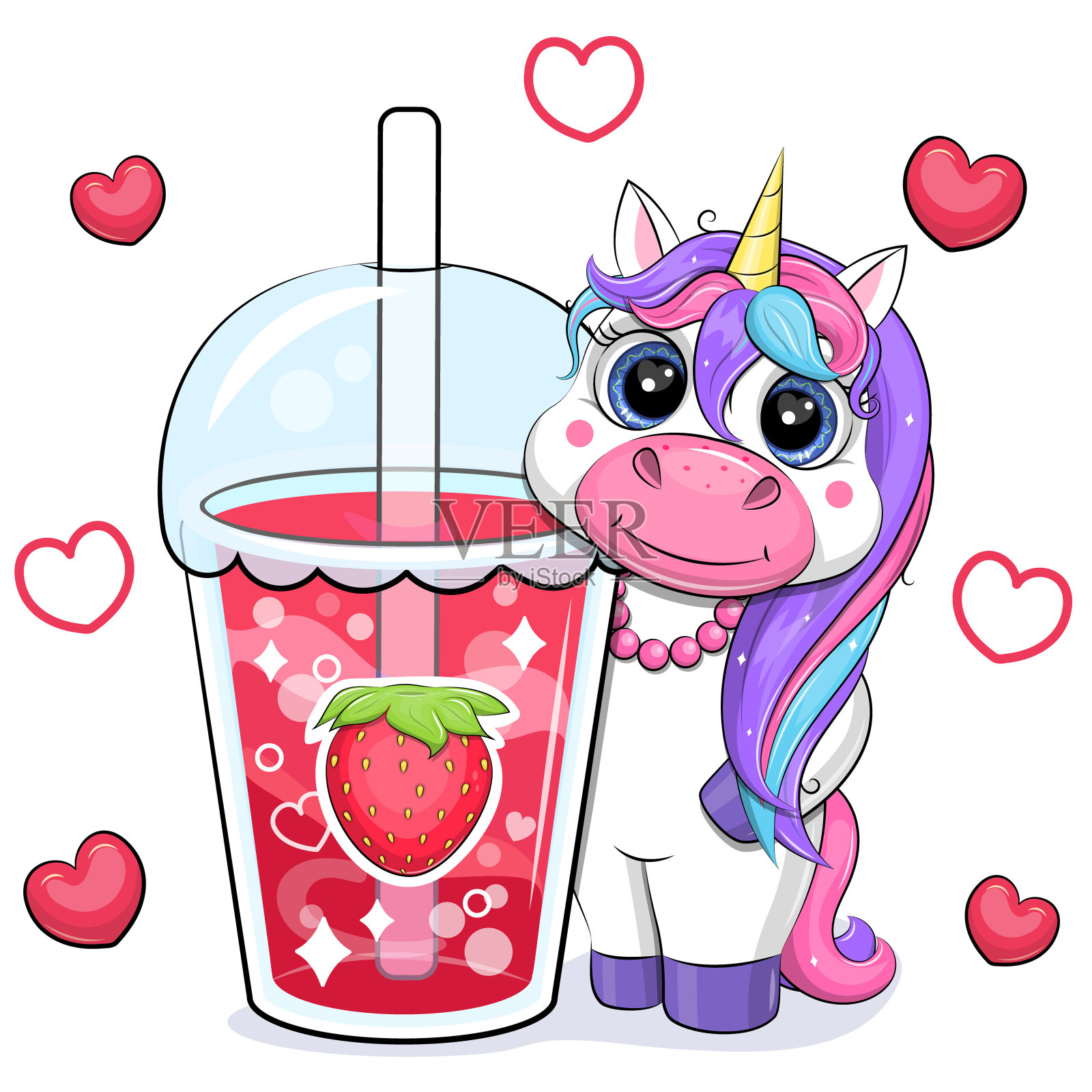 可爱的卡通可爱的独角兽拿着大草莓饮料。插画图片素材