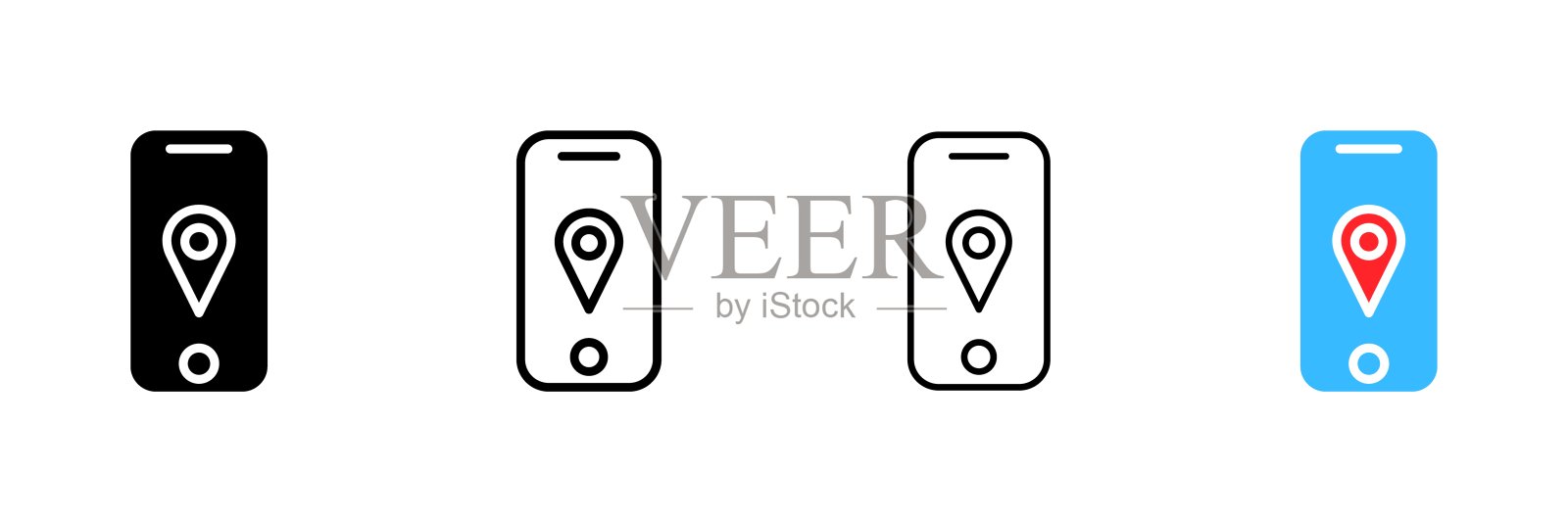 手机屏幕上的地理定位。不同的风格，地理位置图标，位置图标。矢量图标插画图片素材