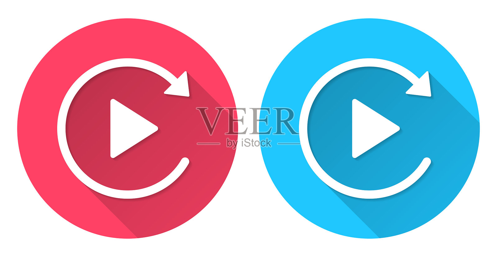 重播。圆形图标与长阴影在红色或蓝色的背景插画图片素材