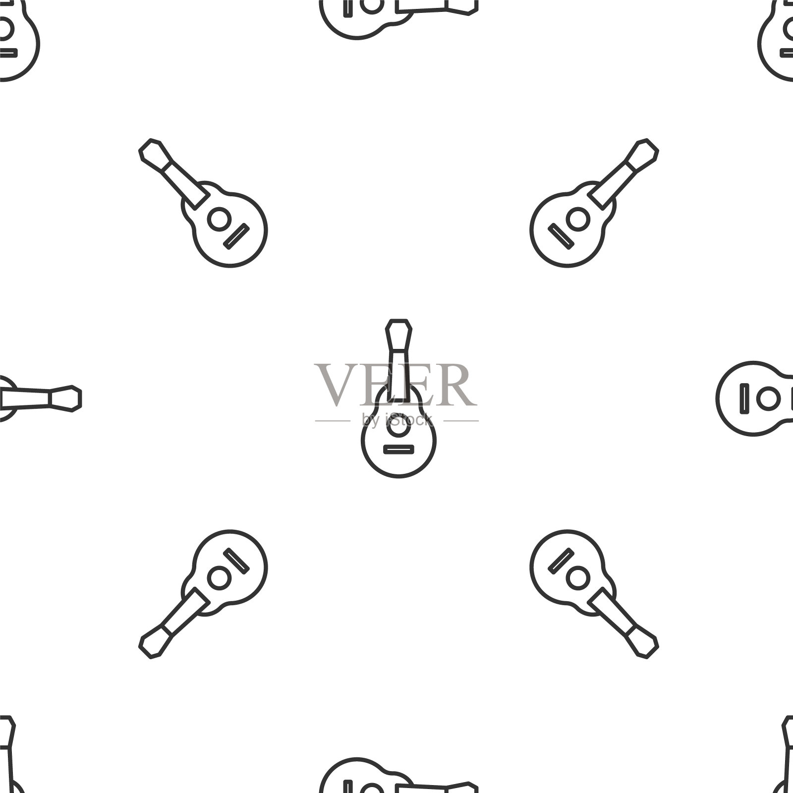 灰线墨西哥吉他图标隔离无缝图案白色背景。木吉他。弦乐器。向量插画图片素材