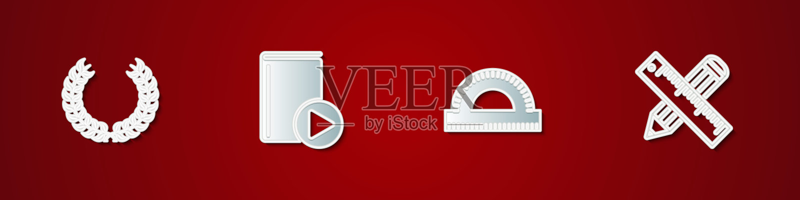 集桂冠花环，有声书，量角器网格和交叉的尺子和铅笔图标。向量插画图片素材