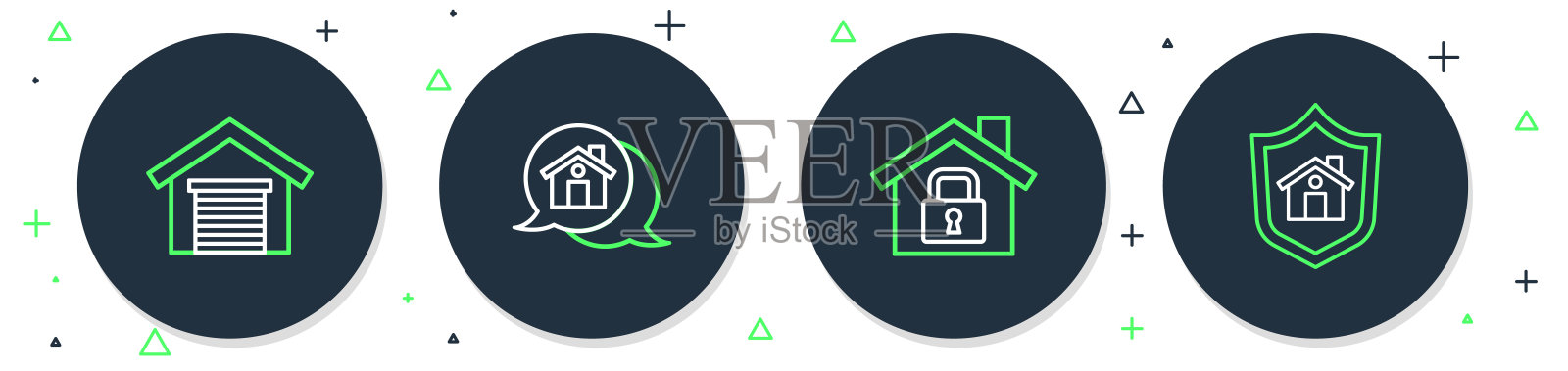 设置线房地产信息房子，房子在保护下，车库和盾牌图标。向量插画图片素材