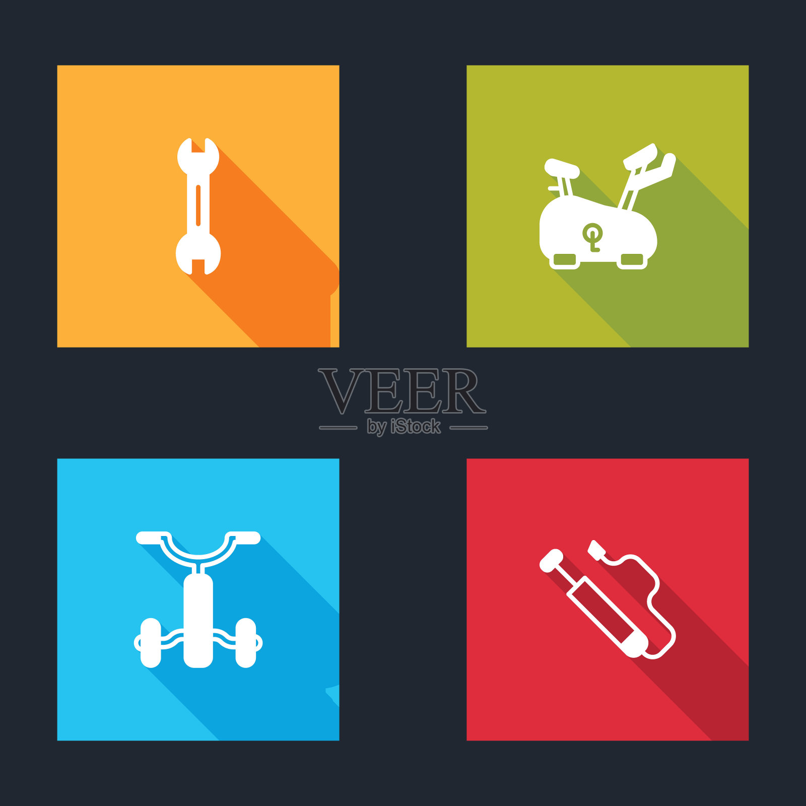 集扳手扳手，固定自行车，自行车的孩子和气泵图标。向量插画图片素材