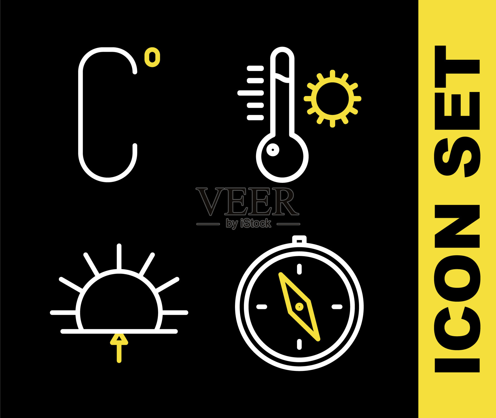 设置线气象温度计，指南针，日出和摄氏图标。向量插画图片素材