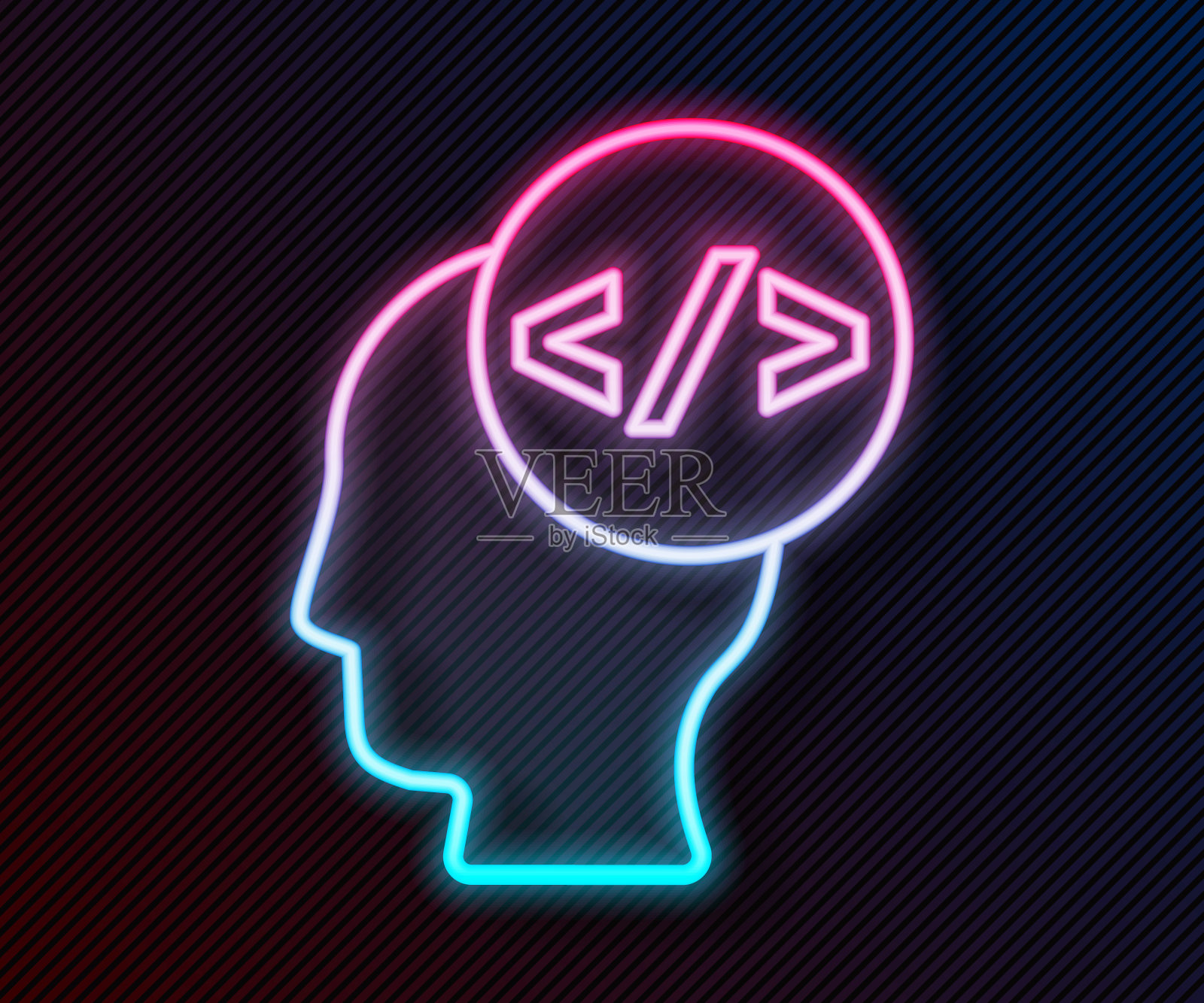 发光的霓虹灯线网页设计和前端开发图标孤立的黑色背景。向量插画图片素材