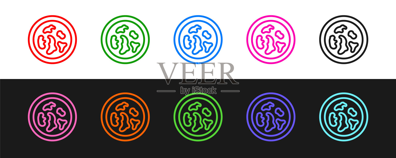 设置线培养皿与细菌图标隔离在黑色和白色背景。向量插画图片素材