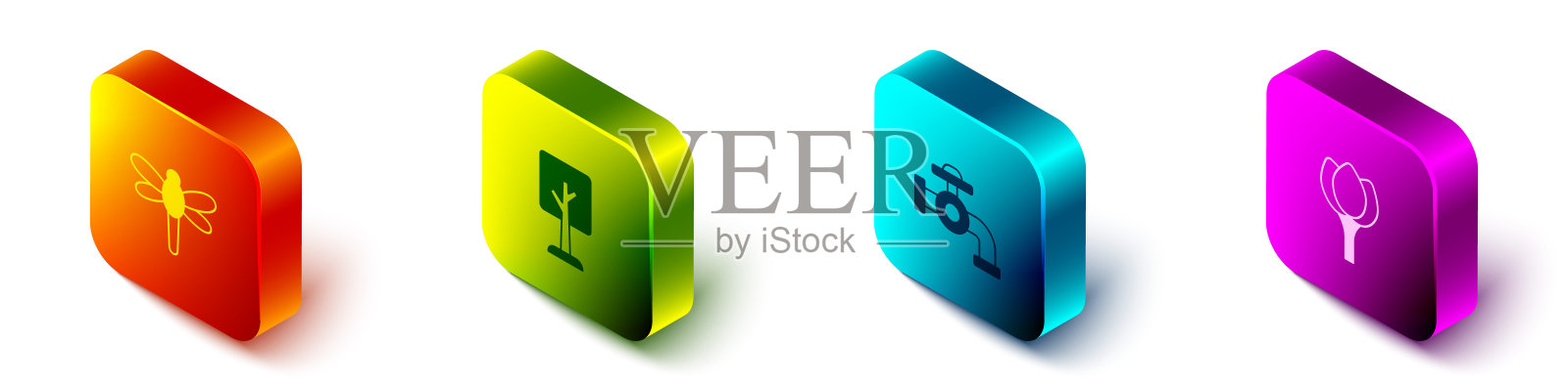 设置等距蜻蜓，森林，水龙头和花郁金香图标。向量插画图片素材