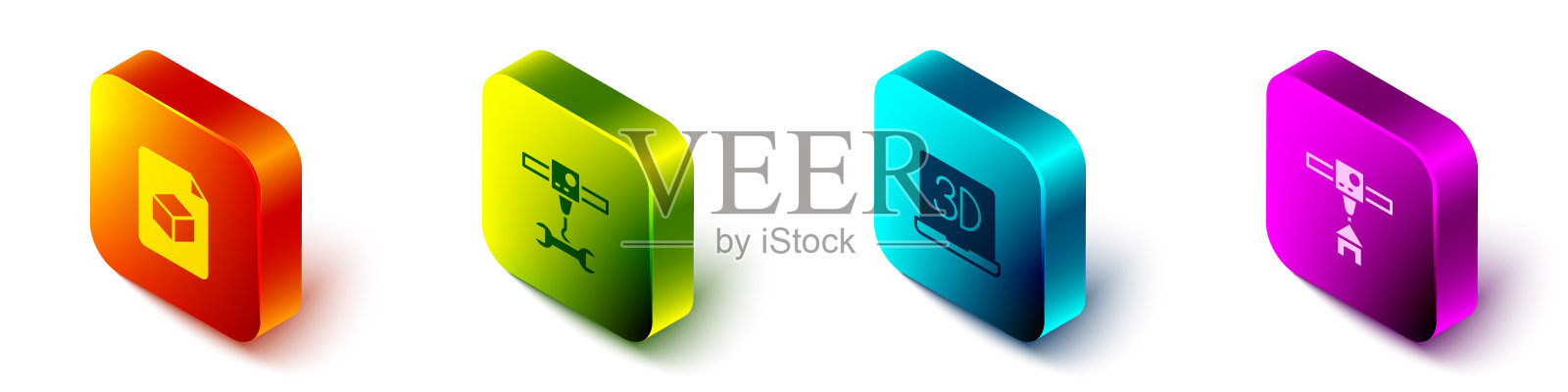 设置等尺等尺立方体文件、3D打印机扳手扳手和房屋图标。向量插画图片素材